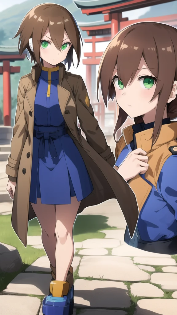 Aile_megamanzx, 1 girl, looking at viewer, Brown hair, green eyes ,Japanense Temple background , Dress and trench coat dress