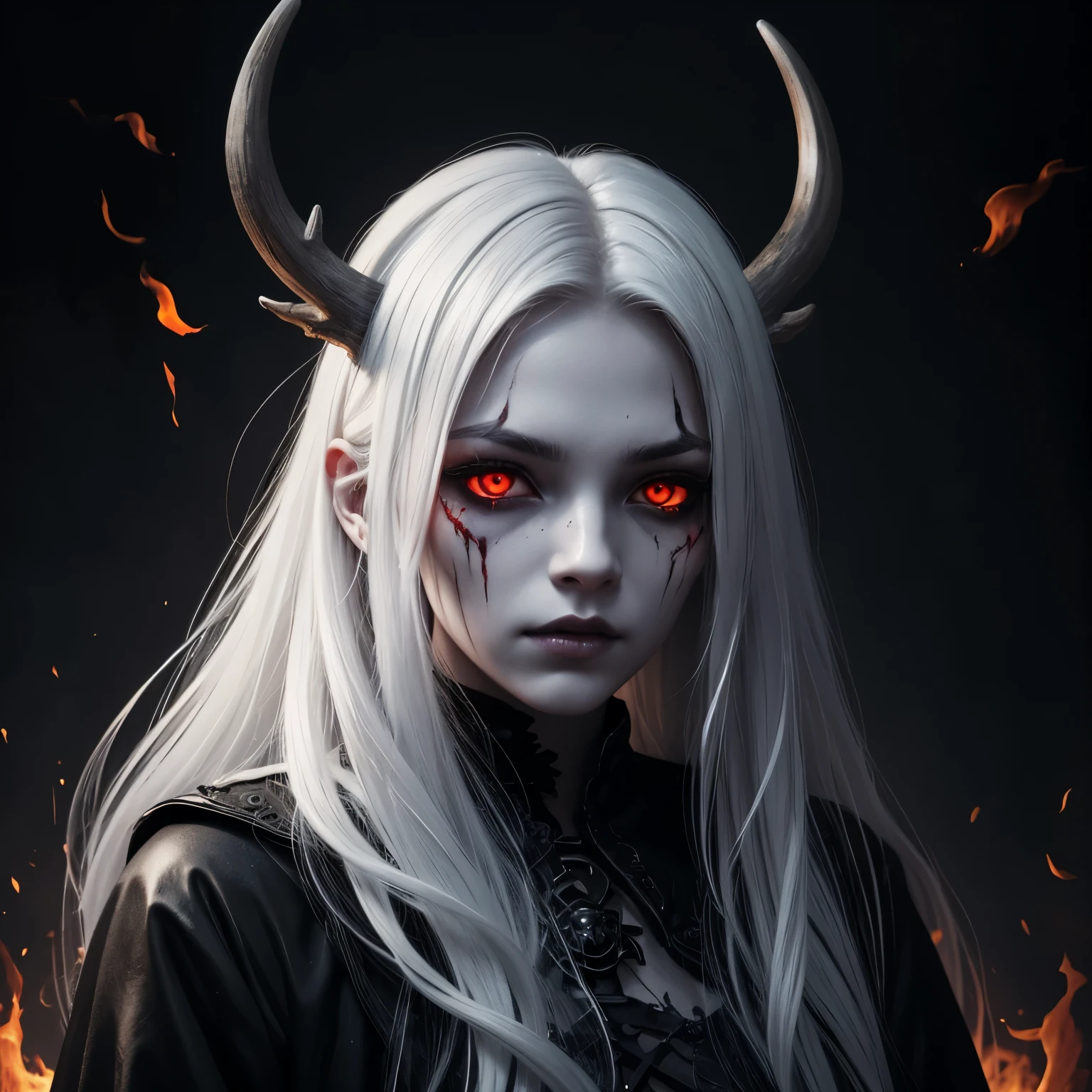 dark, unholy, evil, astral, creepy style, undead, rotting skin, mystical, nice perfect face with soft skin, young beautiful girl portrait on fire, from side, white smoke, mist, night, black clothes, long white hair, antlers, glowing red eyes, light glow, fire