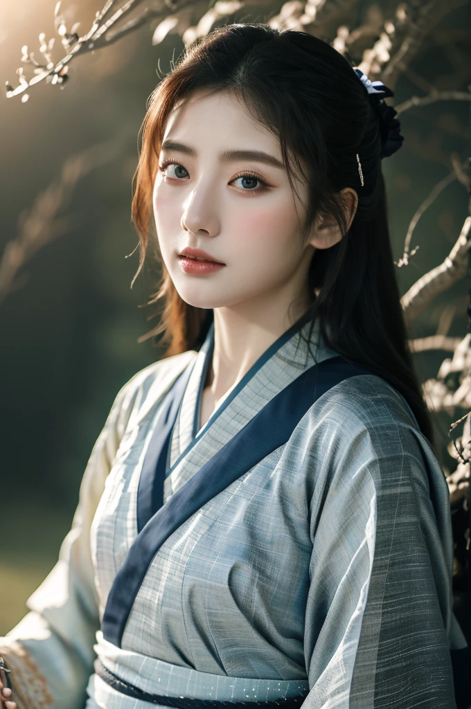 ( masterpiece, top quality, best quality,8k,years old girl,ultra detailed,raw photo:1.5),(photorealistic:1.4), (cinematic lighting), PerfectNwsjMajic, , Surrealism, UHD, ccurate, Super detail, textured skin, High detail, Best quality, dynamic angle, White skin,[Beautiful blue eyes], high nose,(1girl),(good anatomy:0.5)), Dreamy atmosphere,expressive brush strokes, mystical ambiance, Artistic interpretation, a whimsical illustration,dark, Subtle colors and tones, mystical aura, Woman wearing traditional Korean costume,(hanbok:1.3), Joseon dynasty, jeogori,chima,and the po,portrait, assassin, small knife 