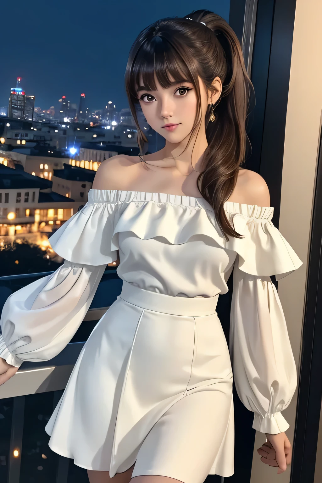 A young girl with brown hair ponytail and straight bangs, fair skin, and a slim build. She is wearing an elegant white off-the-shoulder, long-sleeved blouse; A very pretty short black ruffle style skirt,Background is a beautiful night view