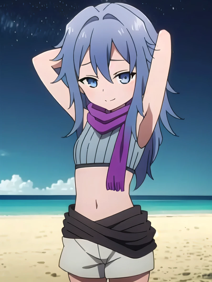kunoichi_hagi, blue eyes, blue hair, long hair, crop top, sleeveless, purple scarf, shorts, closed mouth, solo, (cowboy shot:1.5), night sky, beach, arms behind head, contrapposto, spread armpits, looking at viewer, best quality, smile