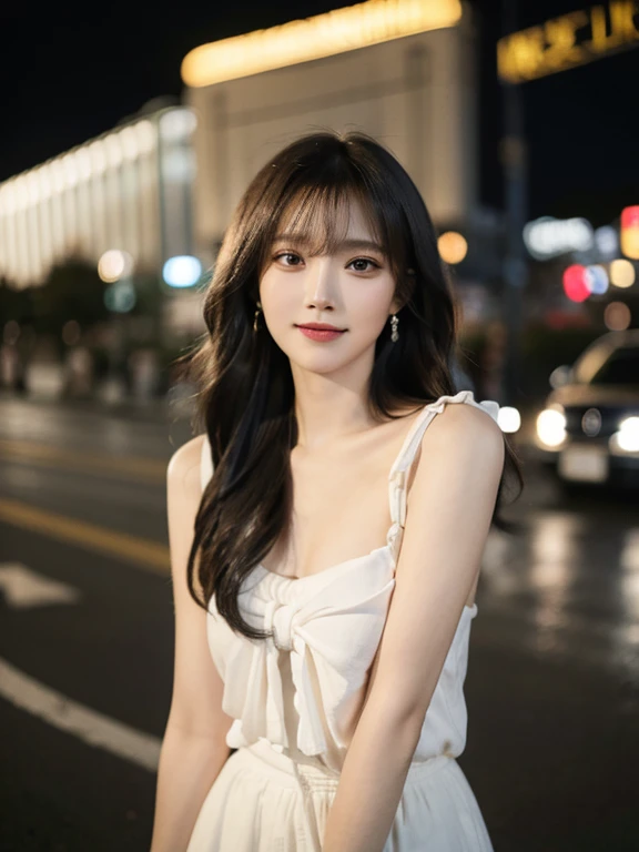 masterpiece, highest quality, High resolution,alone,Two-tone hair, Small earrings,artistic,Best lighting,casual,Flat Chest,Beautiful Face,expensive,smile,light makeup,nature,Age 25,Calm woman,Hair blowing in the wind,Blurred Background,Face Focus,Detailed Hair,Laughing woman,Brightly colored clothing,Woman with tied hair,amount,Bob Cut Hair,amount,night,outside,office Street