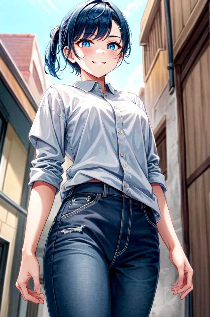 masterpiece, best quality, cowboy shot, view from below, 1girl, looking at viewer, cyan eyes, cool beauty, pixie cut hairstyle, dark blue hair, sharp eyes, mature face, slim body, casual clothes, cool face, slight smirk, tomboy, wild appearance, wild style