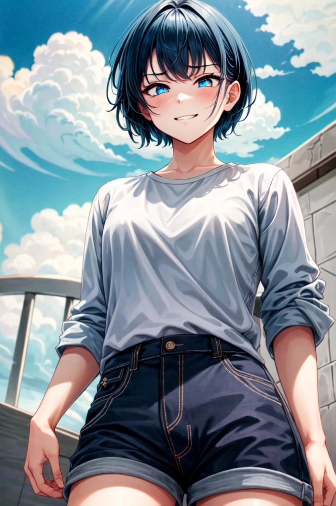 masterpiece, best quality, cowboy shot, view from below, 1girl, looking at viewer, cyan eyes, cool beauty, pixie cut hairstyle, dark blue hair, sharp eyes, mature face, slim body, casual clothes, cool face, slight smirk, tomboy, wild appearance, wild style