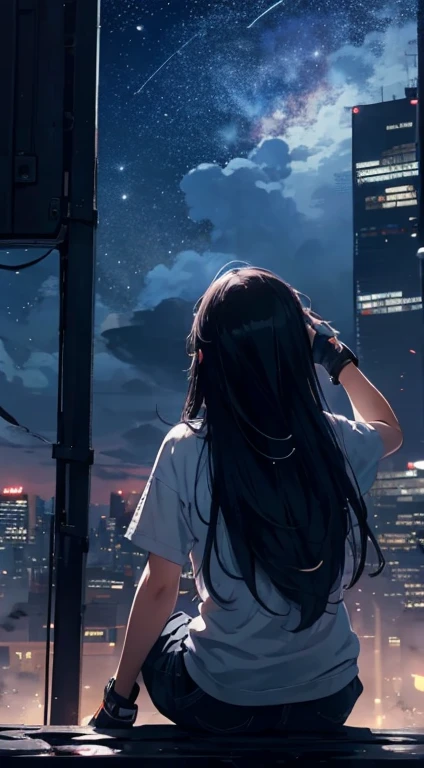 octans, sky, star (sky), scenery, starry sky, night, 1girl, night sky, solo, outdoors, building, cloud, milky way, sitting, tree, long hair, city, silhouette, cityscape