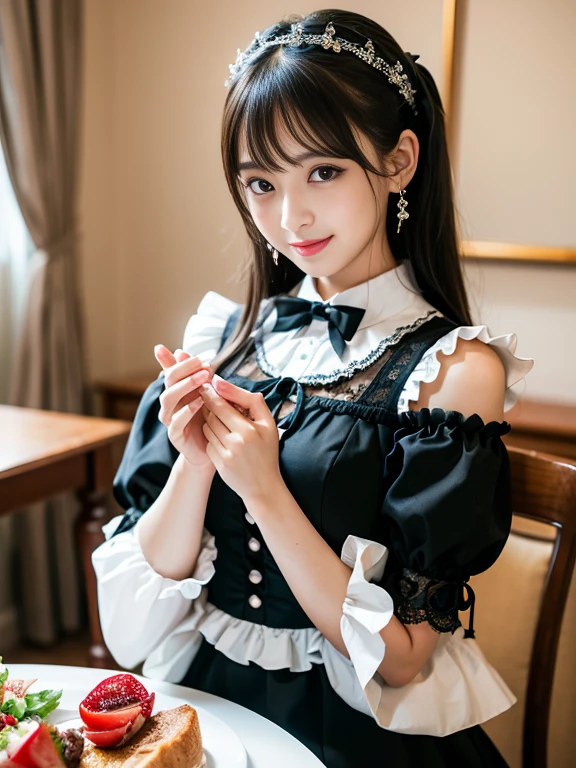 1 nogizaka girl, very cute, bishojo, Age 25, Gothic ****ta Fashion, Delicate and elegant features、Eyes and Skin, Detailed, black, shiny hair, Elegant frills, Frilled tie, Ribbon tie, Rose hair ornament, Smiling at the camera, Lesbians all over, (dining、Table-filling dishes、Open your arms to show off your food), Professional Lighting, break, (Realistic, Realistic:1.37), 8k, (masterpiece), (highest quality:1.4), (Ultra-high resolution:1.2), (RAW Photos:1.2), (Delicate lace dress, Soft fabric, Beautiful rose pattern), Perfect Anatomy, Four fingers and thumb, Highly detailed background, (unity 8k wallpaper)、((freckles、No makeup))、Earrings