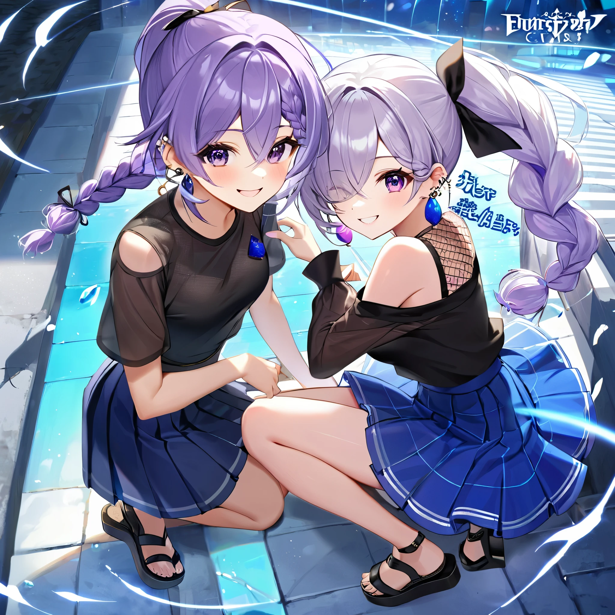 Inji、purple_hair,purple_eye,very_length_hair,gray_hair,Braiding_ponytail,Slope_hair,Premium cloth、Cool Costumes、Two Girls、一人はpurplehair、一人は黒hair、黒hair, Black and blue bird-themed hair, 青い内側のhair、長いhair, 明るい青いeye, 宝石のeye, Short jumper, Black clothes、Arm ribbon、Shoulder clothes, blue Earrings, 羽を模したEarrings、Earrings, Sandals, Sandals, Dignified, high quality, Written boundary depth, Beautiful woman, Long skirt, Mesh fabric skirt,Cool black and blue skirt、 Blue feathers、(Long skirt:1.2)、Cool skirt composition、Cool smile、Costumes with lots of strings hanging down、Black and blue theme、Blue feathersが飛び散る、Cool Effects、Fantasy、、Flirting、Twin girls、High quality、Cool composition、neon、Just the two of us、Cool pose、A good friend