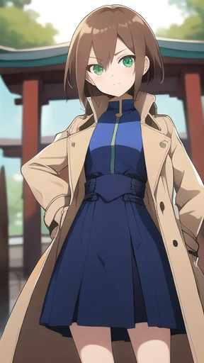 Aile_megamanzx, 1 girl, looking at viewer, Brown hair, green eyes ,Japanense Temple background , Dress and trench coat dress