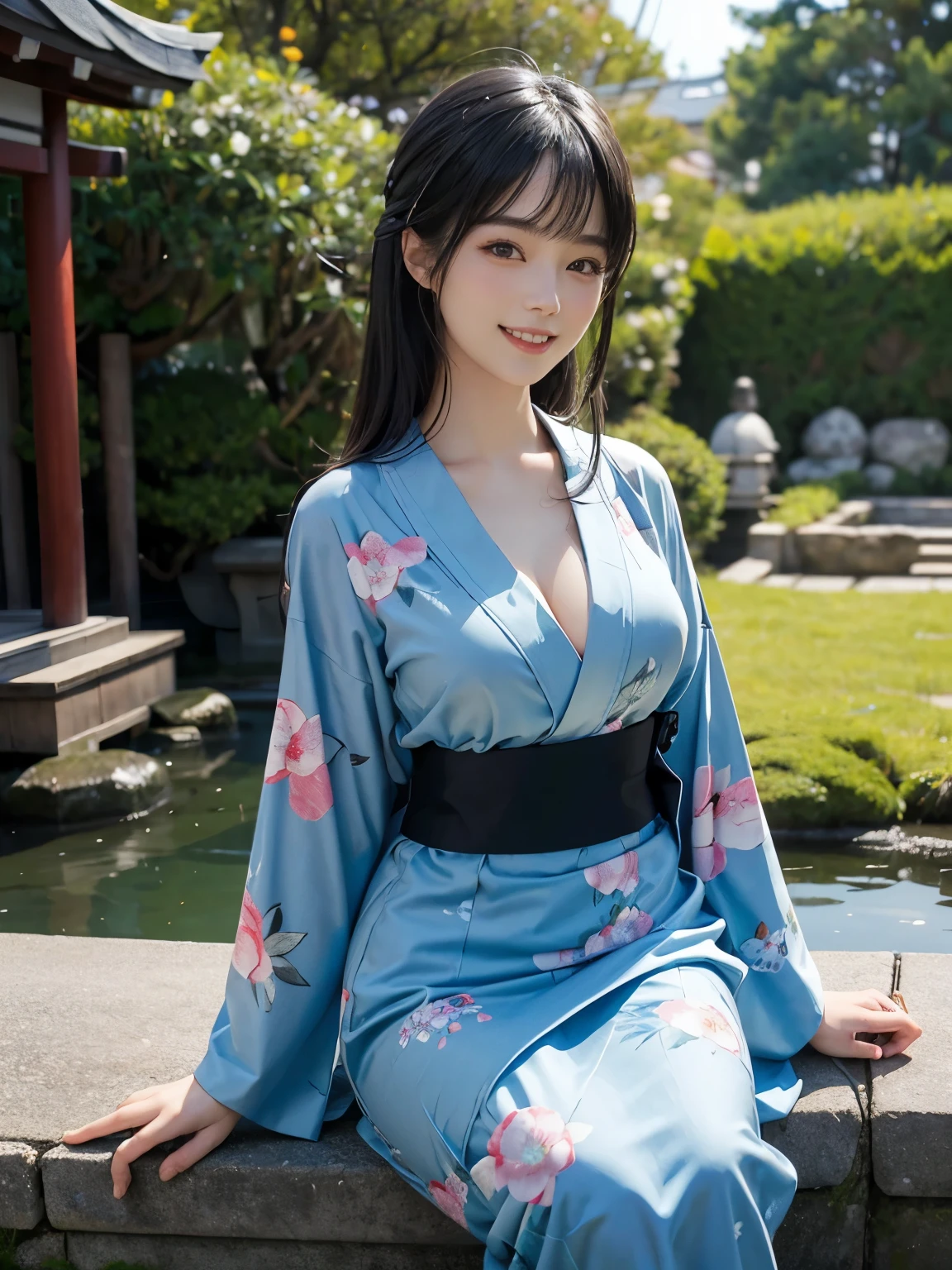 (ultra realistic), (best illustration), (increase resolution), (8K), (masterpiece), (wallpaper), solo, 1 girl, looking at viewers, black straight hair, slender body, plump breasts, pureerosfaceace_v1, happy smile, blue floral Yukata, Japanese Garden