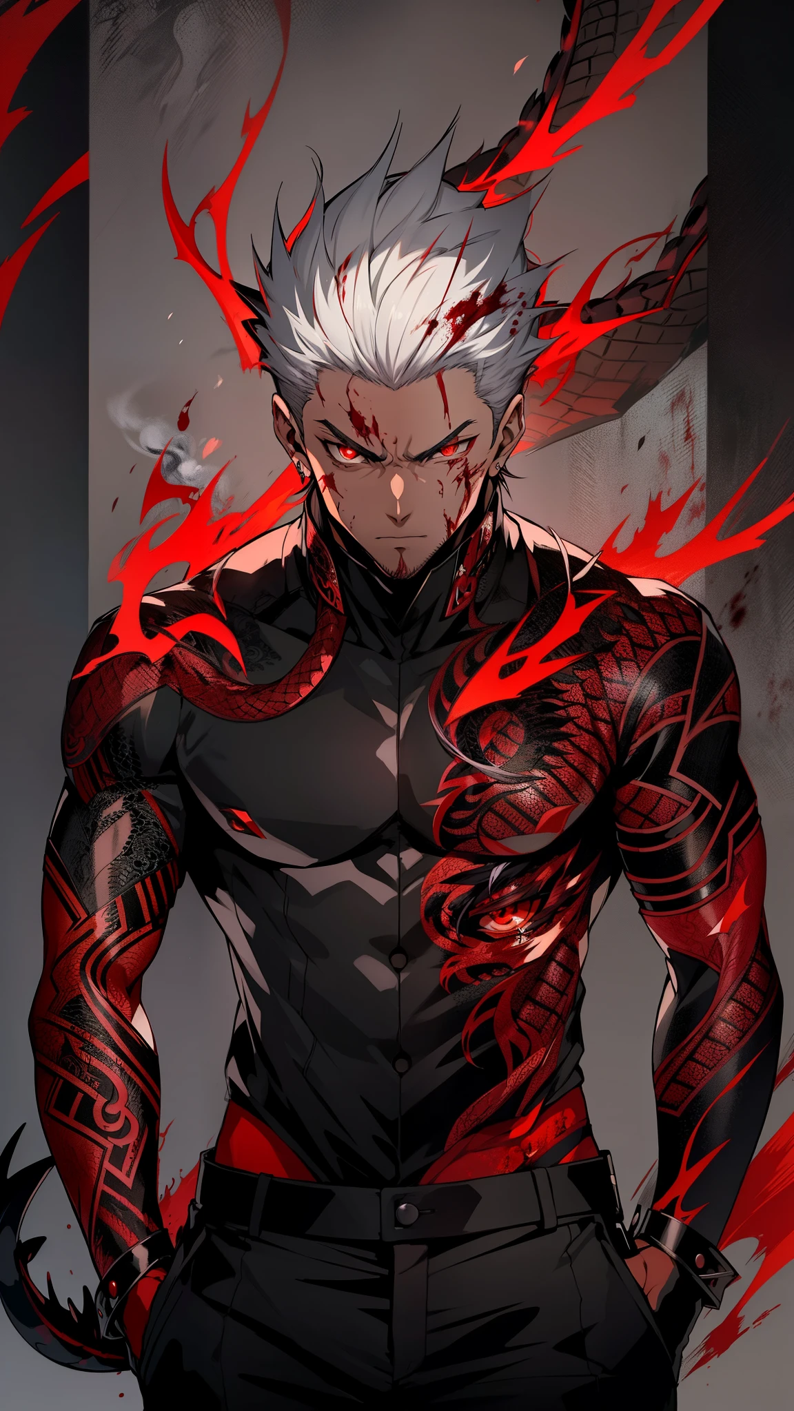 anime boy, A powerful half-demon character, ((with black and white hair)), ((red demonic eyes)), ((and intricate dragon tattoos)), black pants, emerging from a smoky, dark environment, ((blood-red accents)), intense expression, sharp focus, high detail, abasterpiece)), ((best quality)), ultra detailed,((illustration)), dynamic angle, detailed light, (delicate eyes), (ahoge:0.8),apathy, ray，frontage，style of anime4 k， 4k anime wallpaper， badass anime 8 k， 4 k comic wallpaper