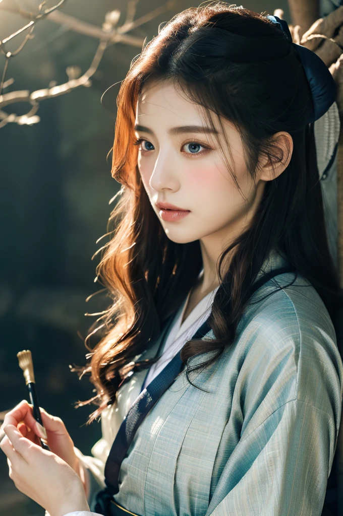 ( masterpiece, top quality, best quality,8k,years old girl,ultra detailed,raw photo:1.5),(photorealistic:1.4), (cinematic lighting), PerfectNwsjMajic, , Surrealism, UHD, ccurate, Super detail, textured skin, High detail, Best quality, dynamic angle, White skin,[Beautiful blue eyes], high nose,(1girl),(good anatomy:0.5)), Dreamy atmosphere,expressive brush strokes, mystical ambiance, Artistic interpretation, a whimsical illustration,dark, Subtle colors and tones, mystical aura, Woman wearing traditional Korean costume,(hanbok:1.3), Joseon dynasty, jeogori,chima,and the po,portrait, assassin, small knife 