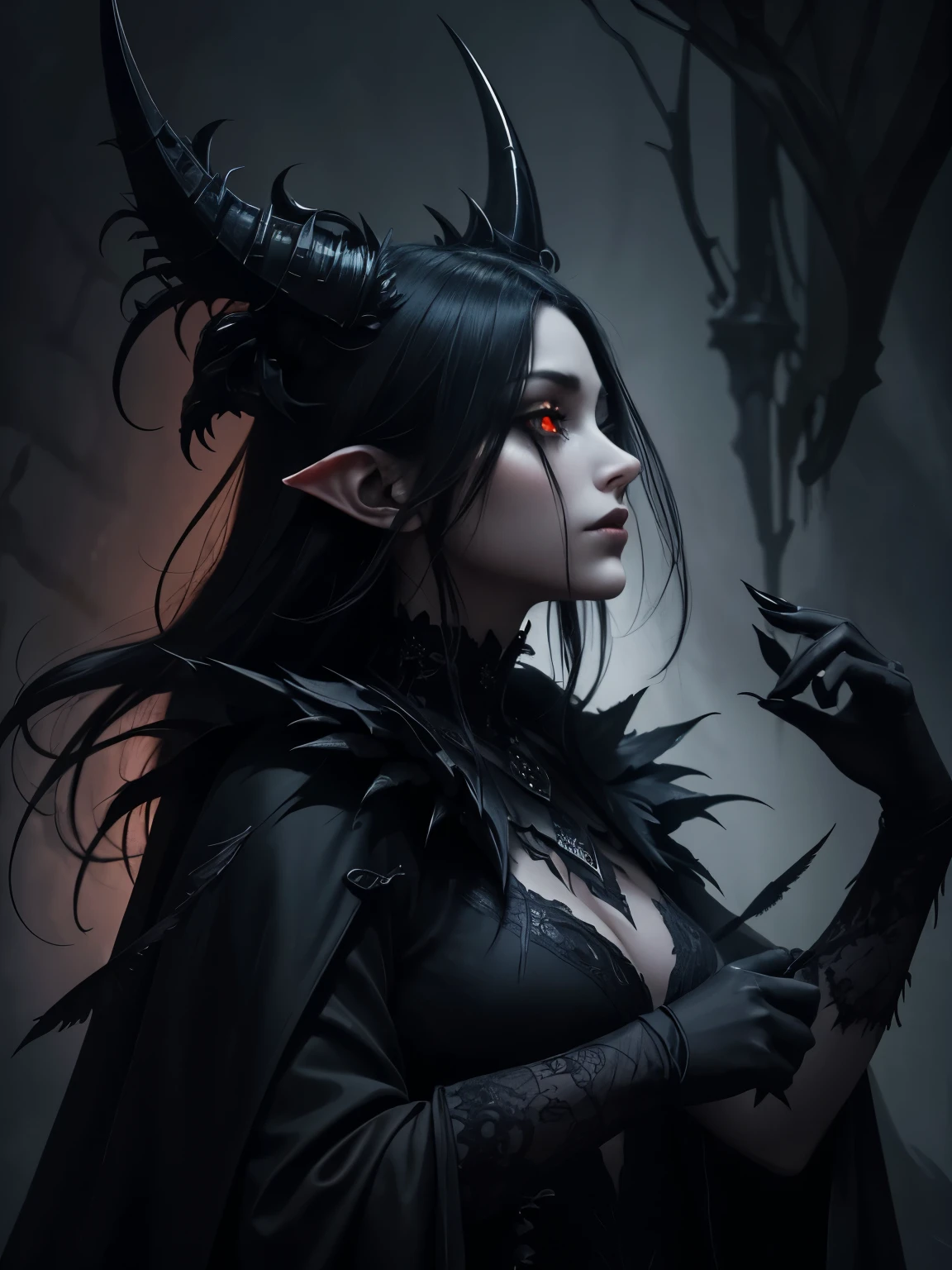 A darkly magnificent raven demon, cloaked in gothic allure, exudes an eerie beauty that transcends the shadows. Its sleek, obsidian feathers shimmer with a subtle sheen, contrasting sharply against blood-red eyes that seem to pierce the very soul. The image, possibly a digital painting, captures the creature in exquisite detail, showcasing intricate horned features and ethereal wisps of darkness engulfing its form. This haunting masterpiece is a testament to the artist's skill and ability to evoke a sense of otherworldly mystique.singing pose