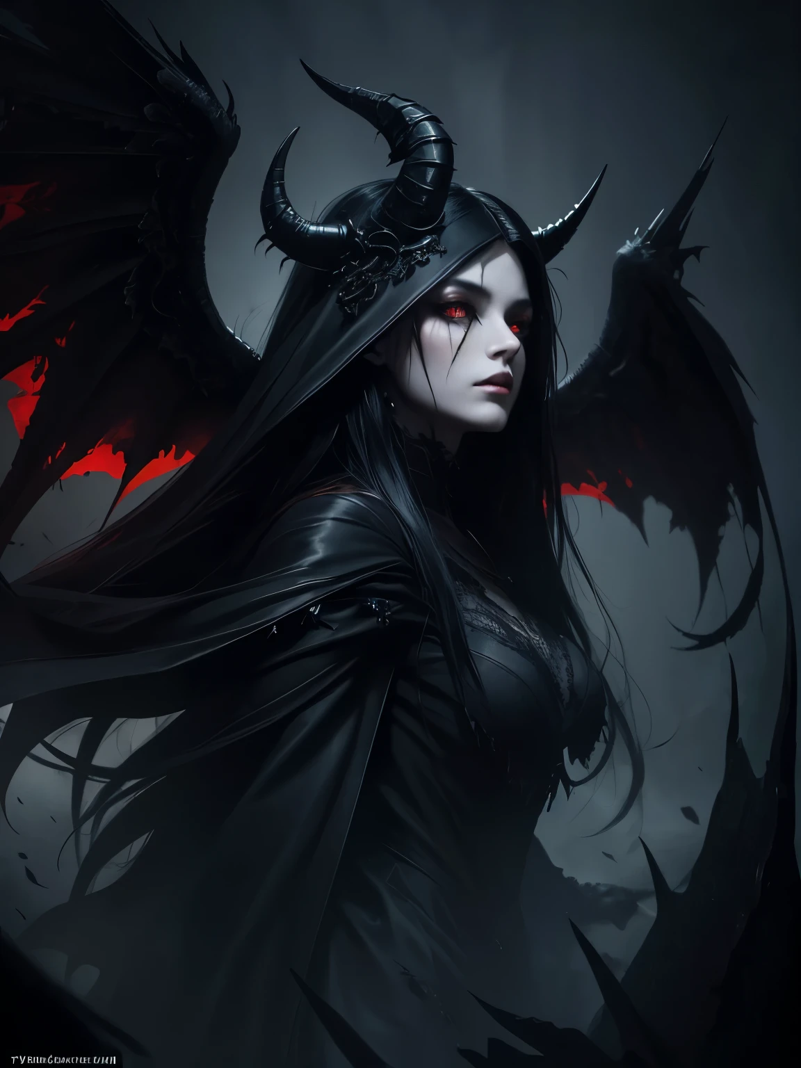 A darkly magnificent raven demon, cloaked in gothic allure, exudes an eerie beauty that transcends the shadows. Its sleek, obsidian feathers shimmer with a subtle sheen, contrasting sharply against blood-red eyes that seem to pierce the very soul. The image, possibly a digital painting, captures the creature in exquisite detail, showcasing intricate horned features and ethereal wisps of darkness engulfing its form. This haunting masterpiece is a testament to the artist's skill and ability to evoke a sense of otherworldly mystique.singing pose