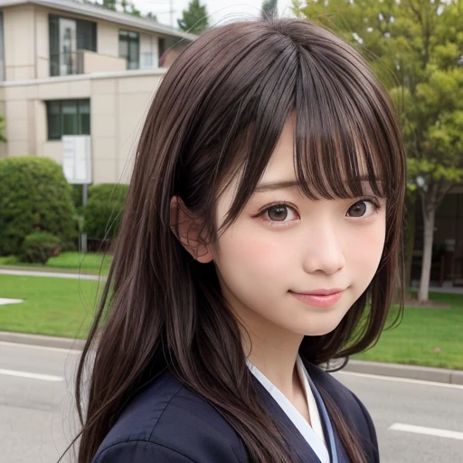 ((Cute 15 year old Japanese))、on the road、Highly detailed face、Pay attention to the details、double eyelid、Beautiful thin nose、Sharp focus:1.2、Beautiful woman:1.4、Cute Hairstyles、Pure white skin、highest quality、masterpiece、Ultra-high resolution、(Realistic:1.4)、Highly detailed and professional lighting、nice smile、Japanese school girl uniform