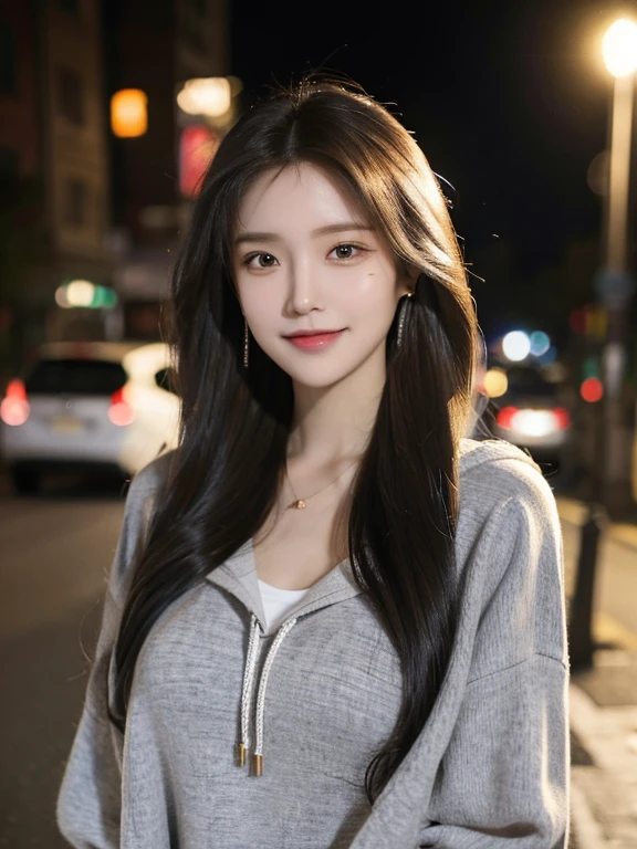 masterpiece, highest quality, High resolution,alone,Two-tone hair, Small earrings,artistic,Best lighting,casual,Flat Chest,Beautiful Face,expensive,smile,light makeup,nature,Age 25,Calm woman,Hair blowing in the wind,Blurred Background,Face Focus,Detailed Hair,Laughing woman,Woman wearing a hoodie,Woman with tied hair,amount,Wavy Hair,amount,night,outside,office Street
