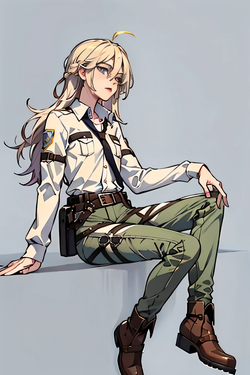 Ah Style, shingeki no kyojin,, , Krista Lentz,, One girl, belt, belt buckle, Blonde Hair, blue eyes, Brown footwear, brown pants, buckle, chest belt, collared shirt, diamond (shape), Floating Hair, From the side, whole body, Gray background, Hair between the eyes, Place your hands on your thighs, Long Hair, Long sleeve, Looking to the future, with own hands, pants, Lips parted, shirt, shoes, Sitting, alone, Shine, star (symbol), Thigh straps, white shirt, , , ((masterpiece)), highest quality, ,