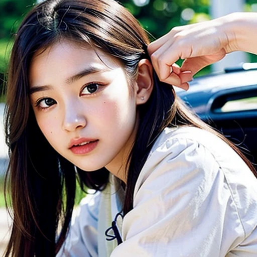 ((Cute 15 year old Japanese))、on the road、Highly detailed face、Pay attention to the details、double eyelid、Beautiful thin nose、Sharp focus:1.2、Beautiful woman:1.4、Cute Hairstyles、Pure white skin、highest quality、masterpiece、Ultra-high resolution、(Realistic:1.4)、Highly detailed and professional lighting、nice smile、Japanese school girl uniform