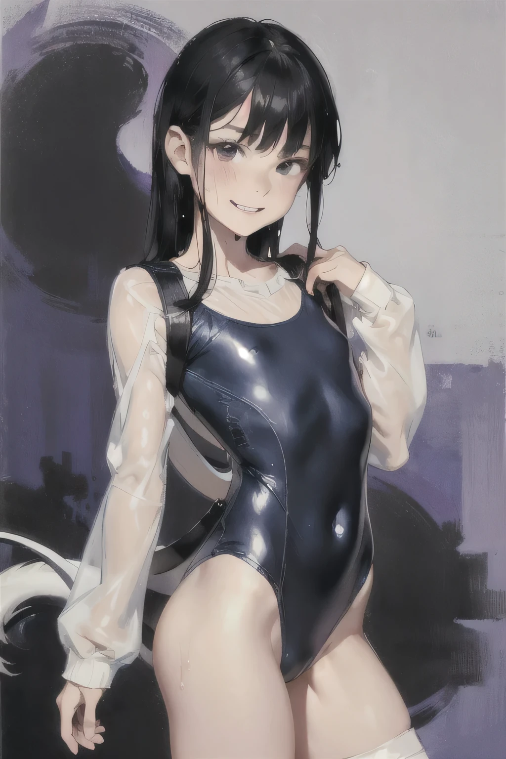 8  girl, Solitary, Front view, Cowboy shooting, Double tail, Black Hair, bangs bangs, Brown pupils, Long eyelashes, beautiful eyes, (flat chest), lips, Meat Leg, permanent, hair clipss, swimsuit, Knee socks, Lando Seru Backpack,(many, Impressionism, painting)、Disheveled、Clothing that fits snugly,Chest contour、(((Wet clothing))(((Ultra-thin clothing))),((Flesh outline)),Grinning