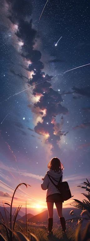 Vast landscape photos, a girl standing on a prairie looking up at the sky, shooting stars, fireflies, dreams