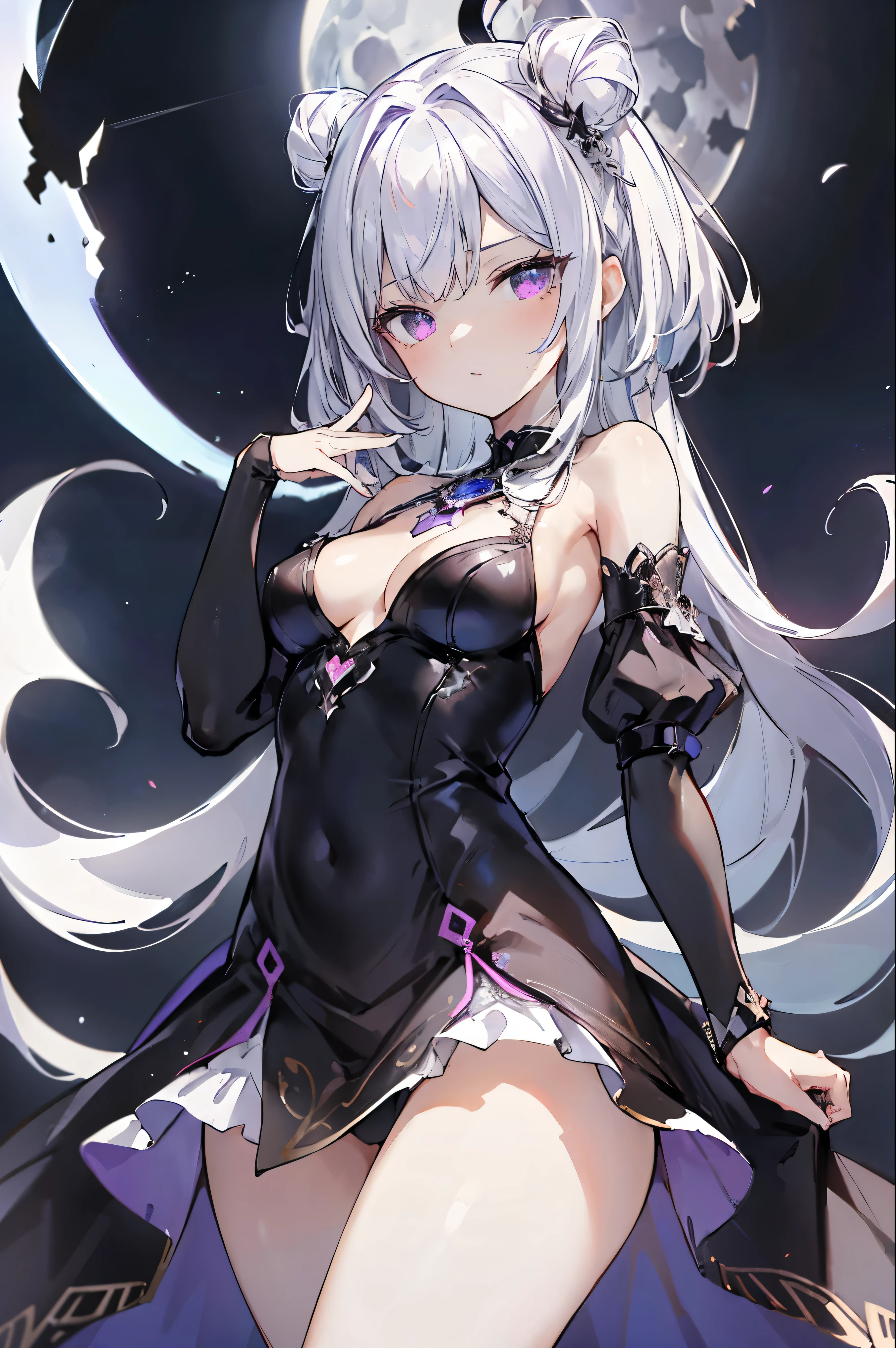 1girl, anime, cute girl, blank background, white background, fantasy, detailed fantasy dress with highlights, beautiful face, beautiful eyes, dark colors, black hair with multicolor streaks, red eye with different color pupil in eye, multicolor eye, medium breasts, slight cleavage, beautiful skin, cute, breast curtains, extremely delicate and beautiful, (beautiful detailed face:1.0), (detailed deep eyes), symmetrical breasts, deep eyes, shiny skin, portrait, slender waist, hips wider than shoulders, thighs, expressionless, young girl, luminous eyes, adorable,(Kpop idol),(aegyo sal:1),(Platinum blonde hair:1),((puffy eye)),Black panty,sexy posture,Superskirt, Ultra-high resolution,Black collar,slim figure, Abdominal y tattoo, womb tattoo,Tight-fitting leg ring,y tattoo on half-body,Bare skin, Armored hand,Hidden fingertips,Hand covered,Arm covered,Fist covered,{{beautiful detailed fingers}}, tufts of hair, moderate beautiful breast:1.0,(masterpiece:1.2), best quality, high-res, HDR, perfect face, intricate armor, delicate blue filigree, intricate filigree, red metalic parts, detailed part, dynamic pose, dynamic lights, cute face, neutral expression, shuimobysim, lotus, hanfu, maxi skirt, dress conservatively 1girl, solo, long blue hair, standing, One lady,14years,((White hair) ,((Normal breasts)), (Shiny purple bodysuit with microskirt),((Fantasy, Moon Night))