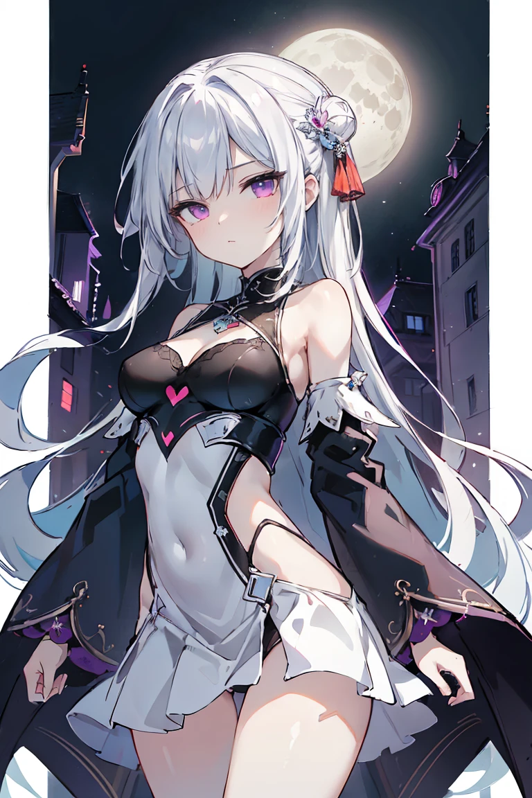 1girl, anime, cute girl, blank background, white background, fantasy, detailed fantasy dress with highlights, beautiful face, beautiful eyes, dark colors, black hair with multicolor streaks, red eye with different color pupil in eye, multicolor eye, medium breasts, slight cleavage, beautiful skin, cute, breast curtains, extremely delicate and beautiful, (beautiful detailed face:1.0), (detailed deep eyes), symmetrical breasts, deep eyes, shiny skin, portrait, slender waist, hips wider than shoulders, thighs, expressionless, young girl, luminous eyes, adorable,(Kpop idol),(aegyo sal:1),(Platinum blonde hair:1),((puffy eye)),Black panty,sexy posture,Superskirt, Ultra-high resolution,Black collar,slim figure, Abdominal y tattoo, womb tattoo,Tight-fitting leg ring,y tattoo on half-body,Bare skin, Armored hand,Hidden fingertips,Hand covered,Arm covered,Fist covered,{{beautiful detailed fingers}}, tufts of hair, moderate beautiful breast:1.0,(masterpiece:1.2), best quality, high-res, HDR, perfect face, intricate armor, delicate blue filigree, intricate filigree, red metalic parts, detailed part, dynamic pose, dynamic lights, cute face, neutral expression, shuimobysim, lotus, hanfu, maxi skirt, dress conservatively 1girl, solo, long blue hair, standing, One lady,14years,((White hair) ,((Normal breasts)), (Shiny purple bodysuit with microskirt),((Fantasy, Moon Night))