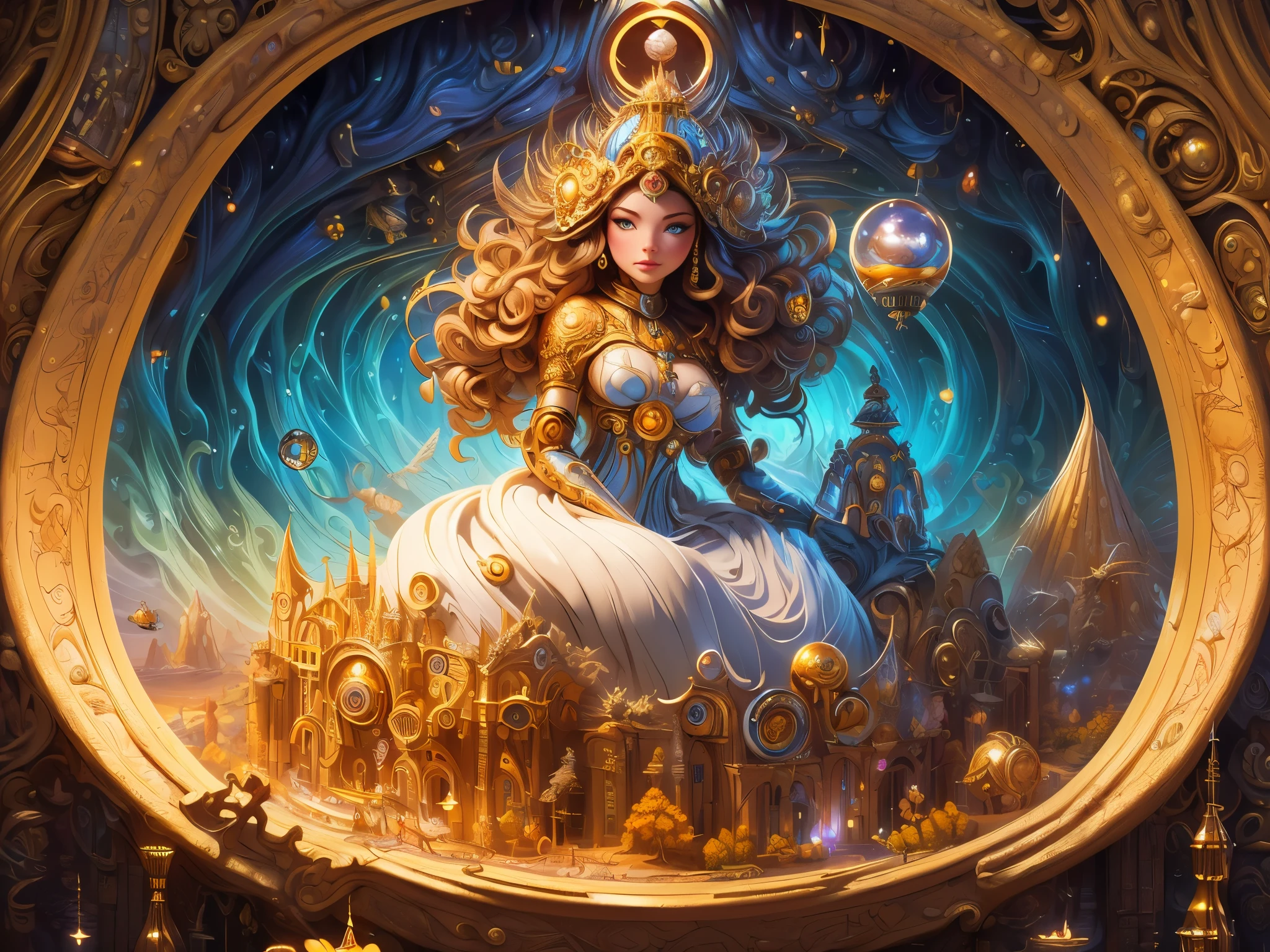 painting of a woman with in front of a surreal landscape, michael cheval (unreal engine, style of jim burns, fantasy surrealism, inspired by Michael Cheval, surrealistic painting, surrealism portrait, ivan plusch artwork, clockwork woman, goddess of time, c;lown time symmetrical epic fantasy art, karol bak uhd, highly detailed surrealist art
