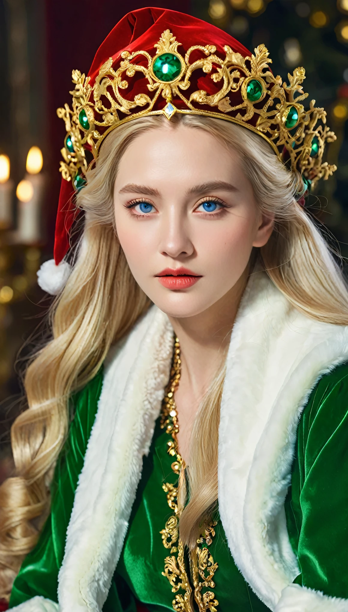 Beautiful portrait of queen, Blonde Hair, Perfect blue eyes, brilliant, impossible striking big Christmas headpiece, Clothes Santa Claus Robe, Everything Christmas, snow, Symmetrical, Drama Studio Lighting, Rococo, Baroque, Green vegetables, Asian, Surrealism, close up, D&D, fantasy, Wheels within wheels, elegant, Very detailed, number, art station, Octane Rendering, 8K, concept art, matte, Clear focus