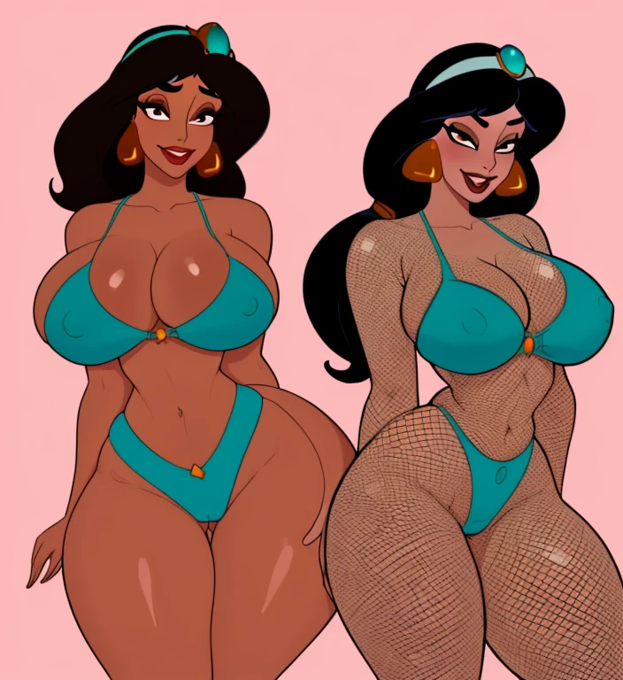 ((1girl)), ((jasmine)), (((milf))), ((brown skin)), ((thick thighs)), ((big booty)), ((wide hips)), (big breasts), ((black hair)), (sexy smile), ((best quality)), (high quality), (detailed), (perfect face), (), (teal bikini), ((fishnets)), (())