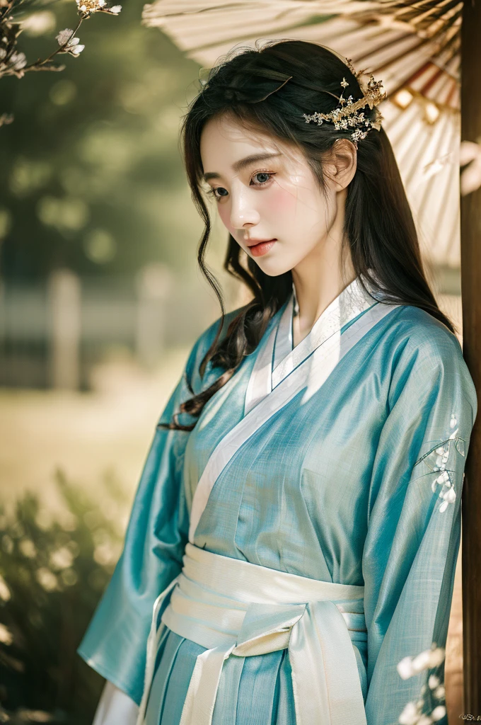 ( masterpiece, top quality, best quality,8k,years old girl,ultra detailed,raw photo:1.5),(photorealistic:1.4), (cinematic lighting), PerfectNwsjMajic, , Surrealism, UHD, ccurate, Super detail, textured skin, High detail, Best quality, dynamic angle, White skin,[Beautiful blue eyes], high nose,(1girl),(good anatomy:0.5)), Dreamy atmosphere,expressive brush strokes, mystical ambiance, Artistic interpretation, a whimsical illustration, Subtle colors and tones, mystical aura, Woman wearing traditional Korean costume,(hanbok:1.3), Joseon dynasty, jeogori,chima,and the po,portrait,(long straight hair:1.5), flower,warm sun