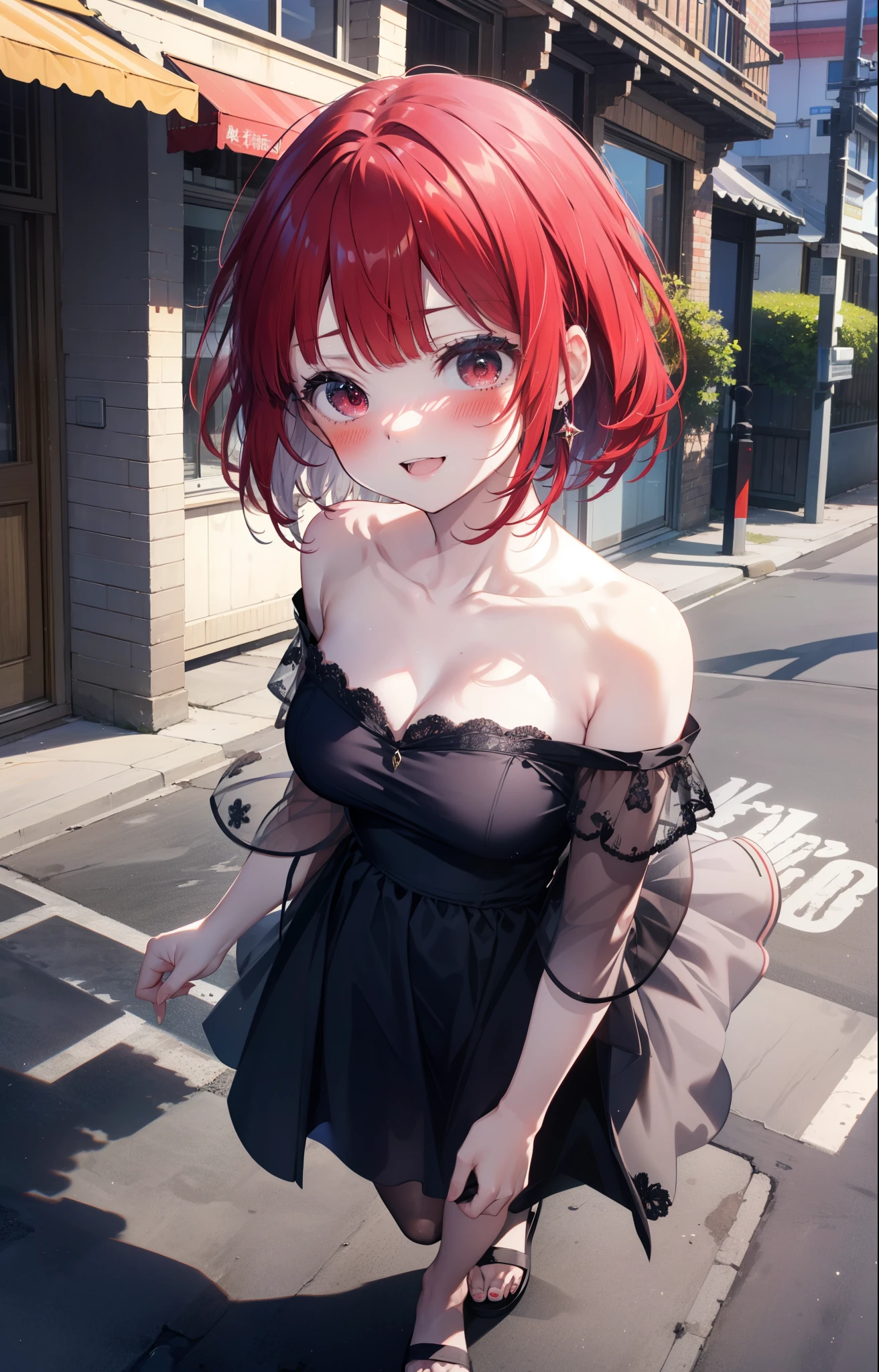 Arima etc., Arima Kana, (Red eyes:1.5), Long Hair,blush,happy smile, smile, Open your mouth,Redhead,Off-the-shoulder dress,Bare shoulders,Bare neck,bare clavicle,Long skirt,Cute sandals top view,whole bodyがイラストに入るように,Daytime,True Summer,Clear skies,Walking,
壊す looking at viewer,whole body,
Destroy outdoors, Building district,Destroy the coastal road (masterpiece:1.2), highest quality, High resolution, unity 8k wallpaper, (shape:0.8), (Beautiful and beautiful eyes:1.6), Highly detailed face, Perfect lighting, Highly detailed CG, (Perfect hands, Perfect Anatomy),