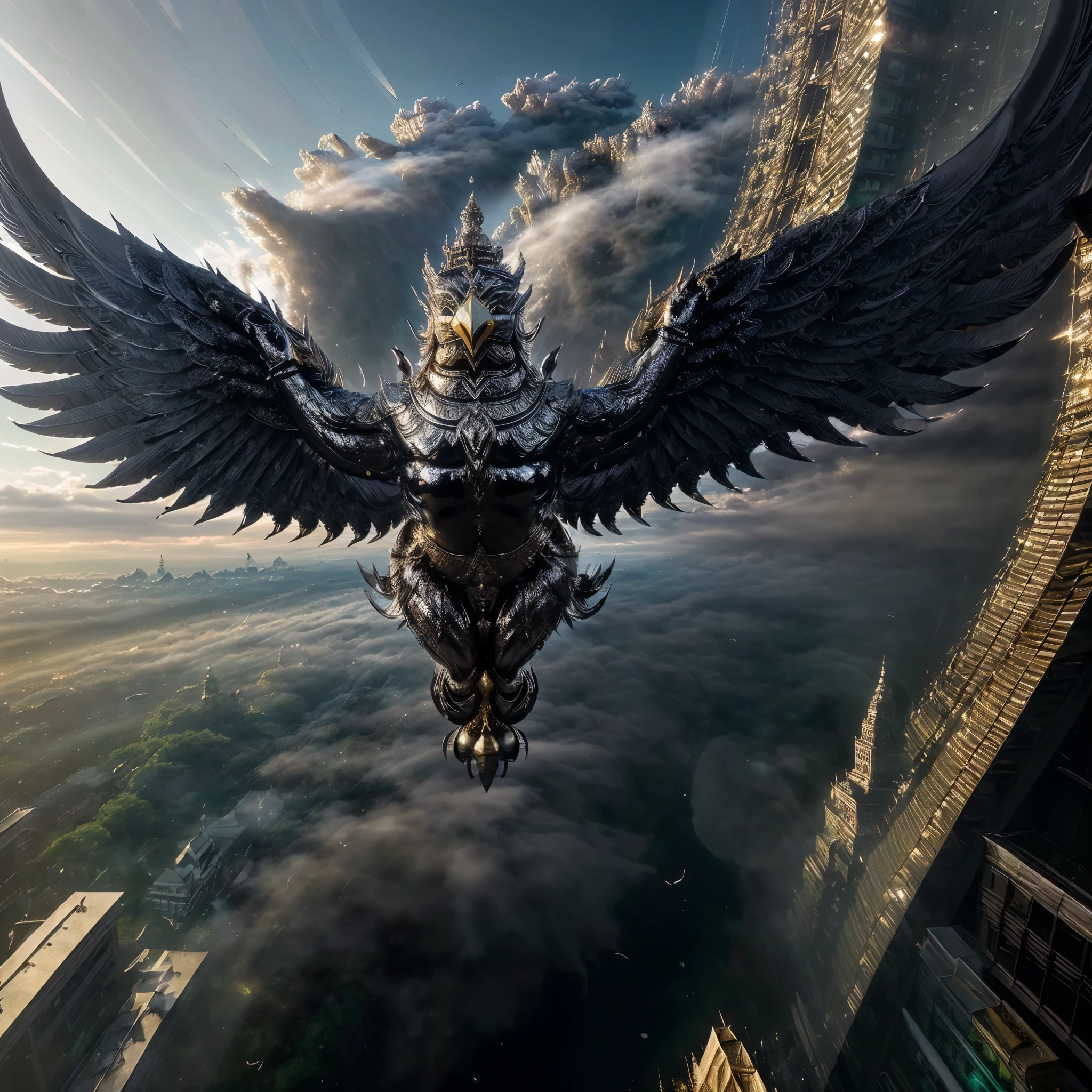 masterpiece, very detailed(Metalic Black,Reflect,:1.3)phayakrut king garuda{best quality},, GARUDA solo super big, flying, dangling wings, very detailed, city, tower, building, highway, clouds and fog,
(highly detailed CG unity 8k wallpaper: 1.1) (masterpiece), (best quality: 1.1), realistic, master anime style, perfect perspective, intricate details