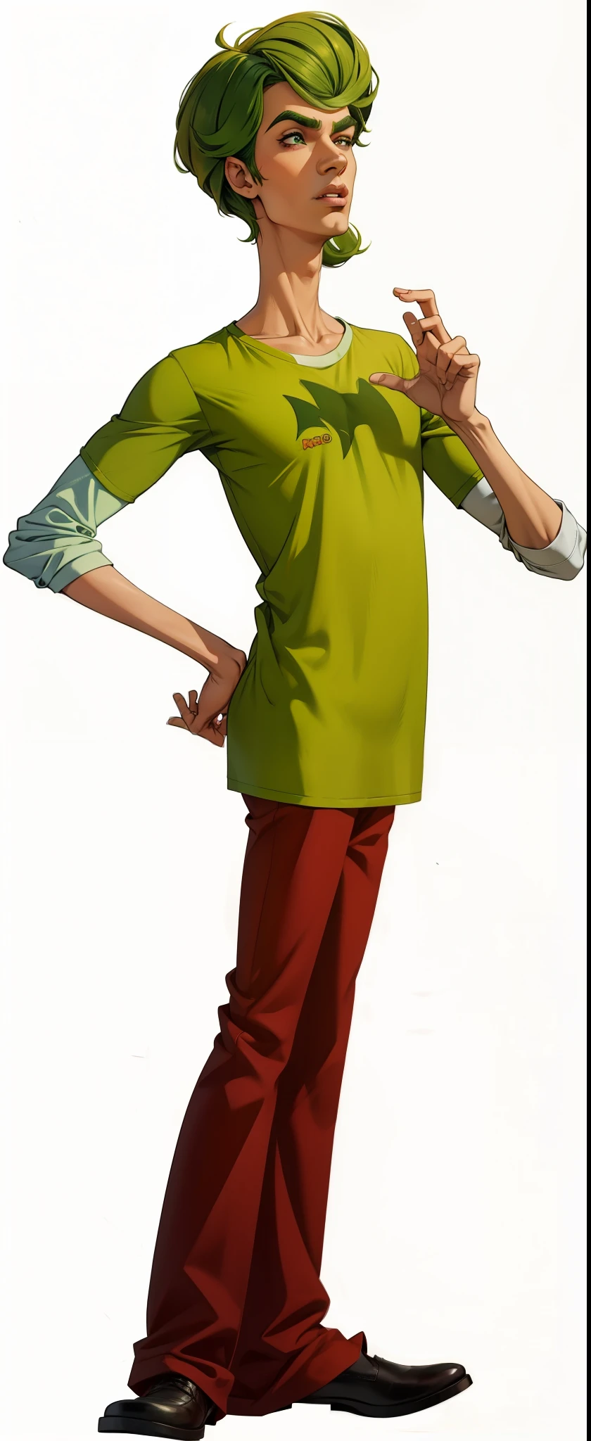 Salsicha, Scooby doo, extremamente realista, muito bonito, roupas realistas, corpo inteiro, calca boca de sino, Camiseta verde, cabelo ruivo, magro