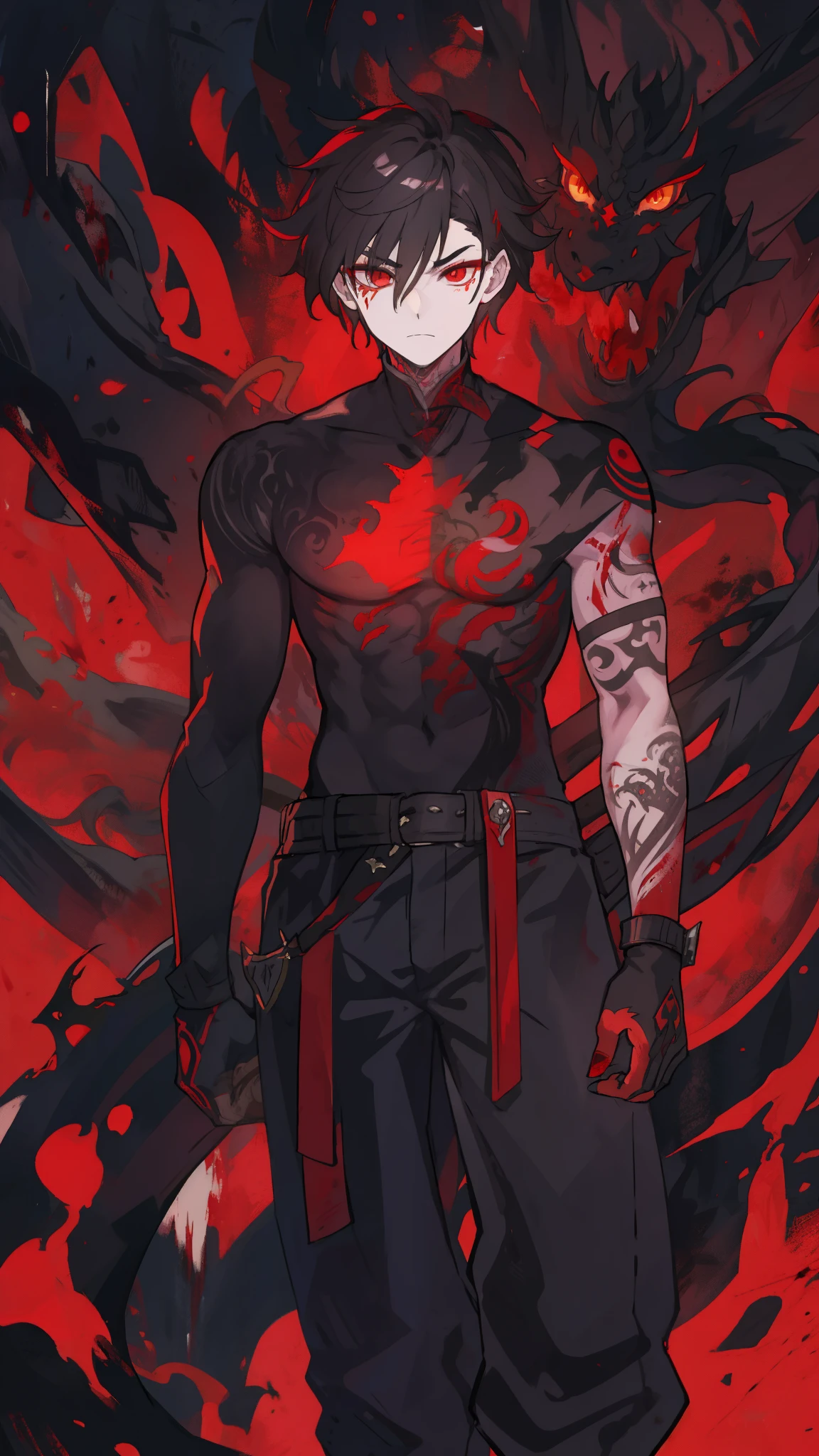 Best quality, solo, naruto hairstyle, black hair, shirtless, red eyes, white screen, dry hair, smirking, scars across chest, blood aura