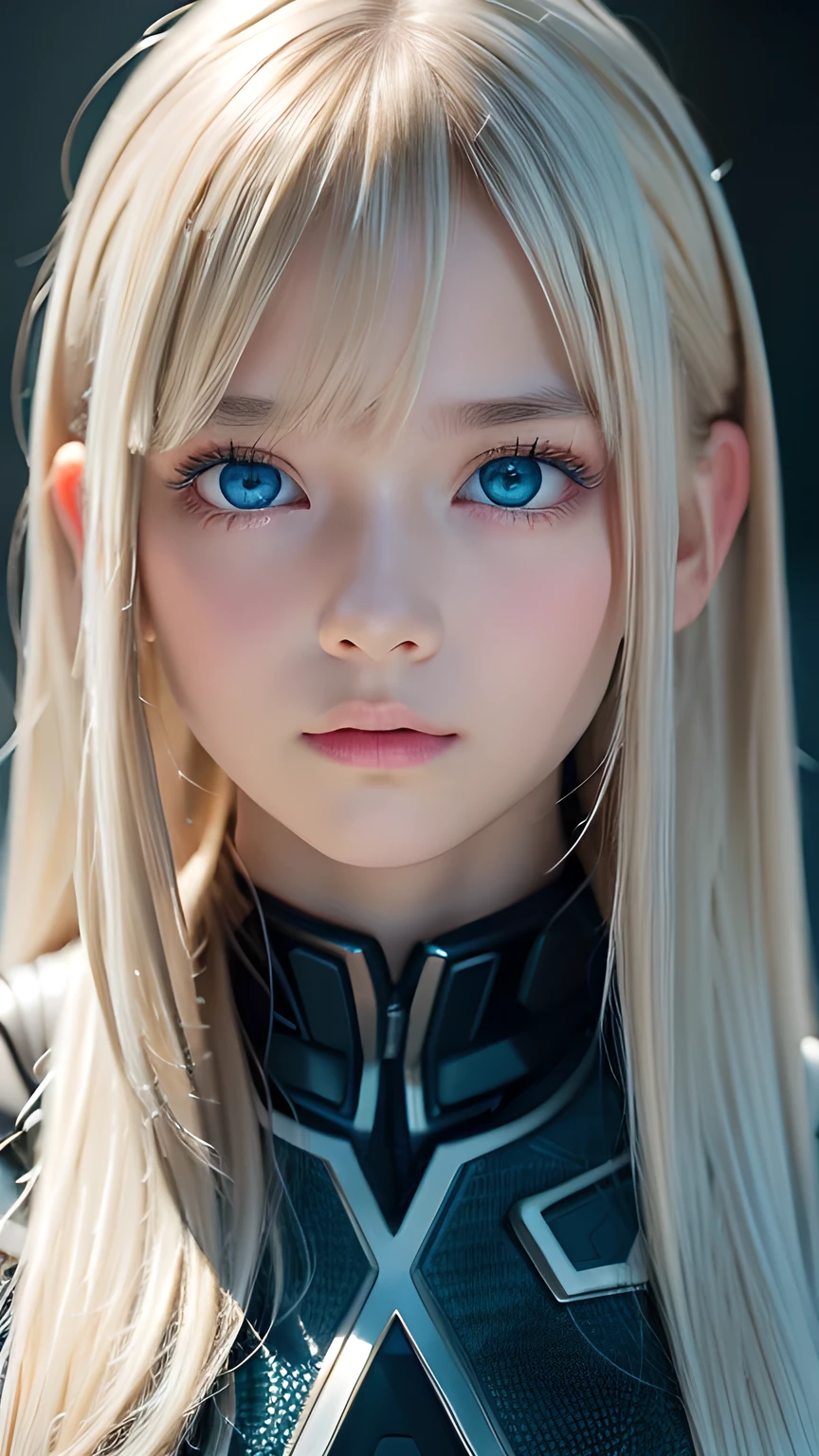 highest quality、8k Masterpiece、Ultra-high resolution、(Realistic:1.3)、RAW Photos、14 year old Scandinavian girl with shiny blonde hair、Silvery blonde hair、Super long straight hair、目とBangs between the eyes、bangs on the face、Bangs that cover the eyes、片Bangs that cover the eyes、Bangs between the eyes、White and glowing skin、1. Cyberpunk Super Beautiful Soldier、((Ultra-Realistic Details))、Portraiture、Global Illumination、Shadow Realm、Octane Rendering、8k、Ultra Sharp、Metal、Cool colors、、Very intricate detail、Realistic Light、Trends of the CG Association、so beautiful, Big bright blue eyes、Very big eyes、Eyes shining at the camera、Neon Details、Small Face Beauty、Round face、Cheek highlight