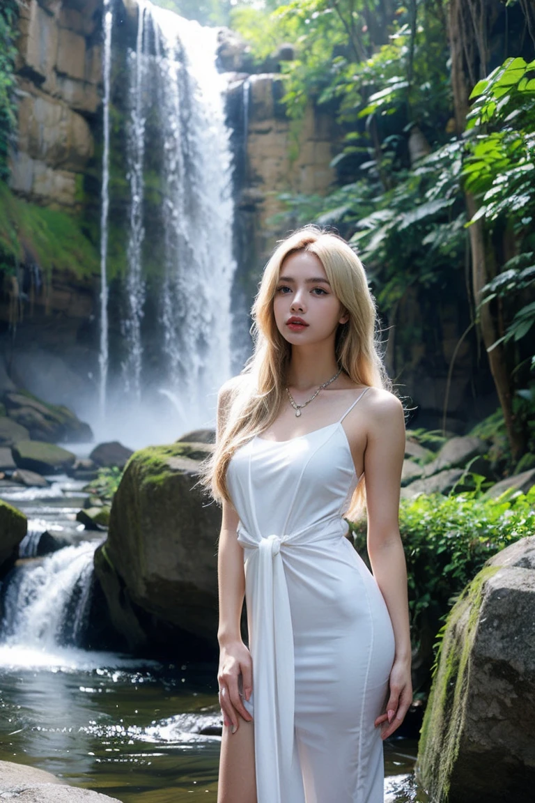 21yo girl, blonde long hair, beautiful dress, Waterfall background 