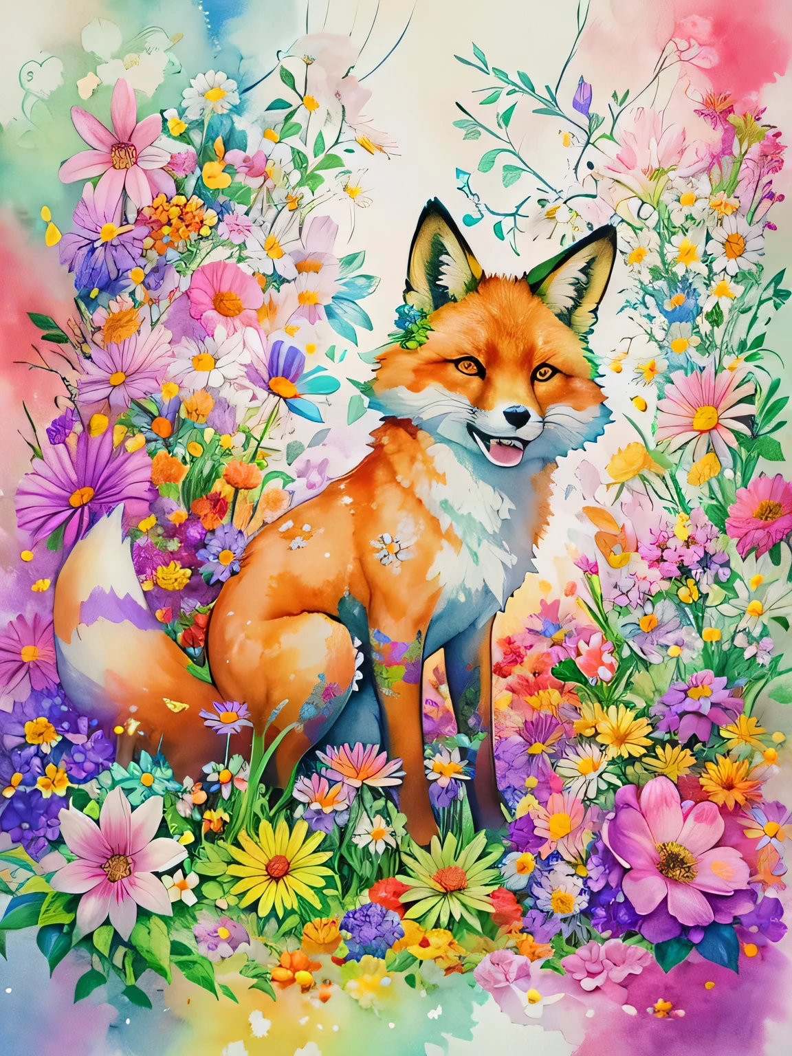 Fox Style、(((stylish fashion))), 8K Quality、Intense watercolor, Detailed watercolor art, Watercolor splash, Surreal, avant-garde pop art, Beautiful and expressive paintings, Beautiful artwork illustration, Very colorful tones, wonderful, Cool beauty, highest quality、Official Art, Vector art, Stylish design, (((The most beautiful girl))), (((highest quality))), HDR, ((detailed)), (((Doodle Art)), ((masterpiece)), ((Super detailed)), (((Colorful flowers))),(((Stylish))),