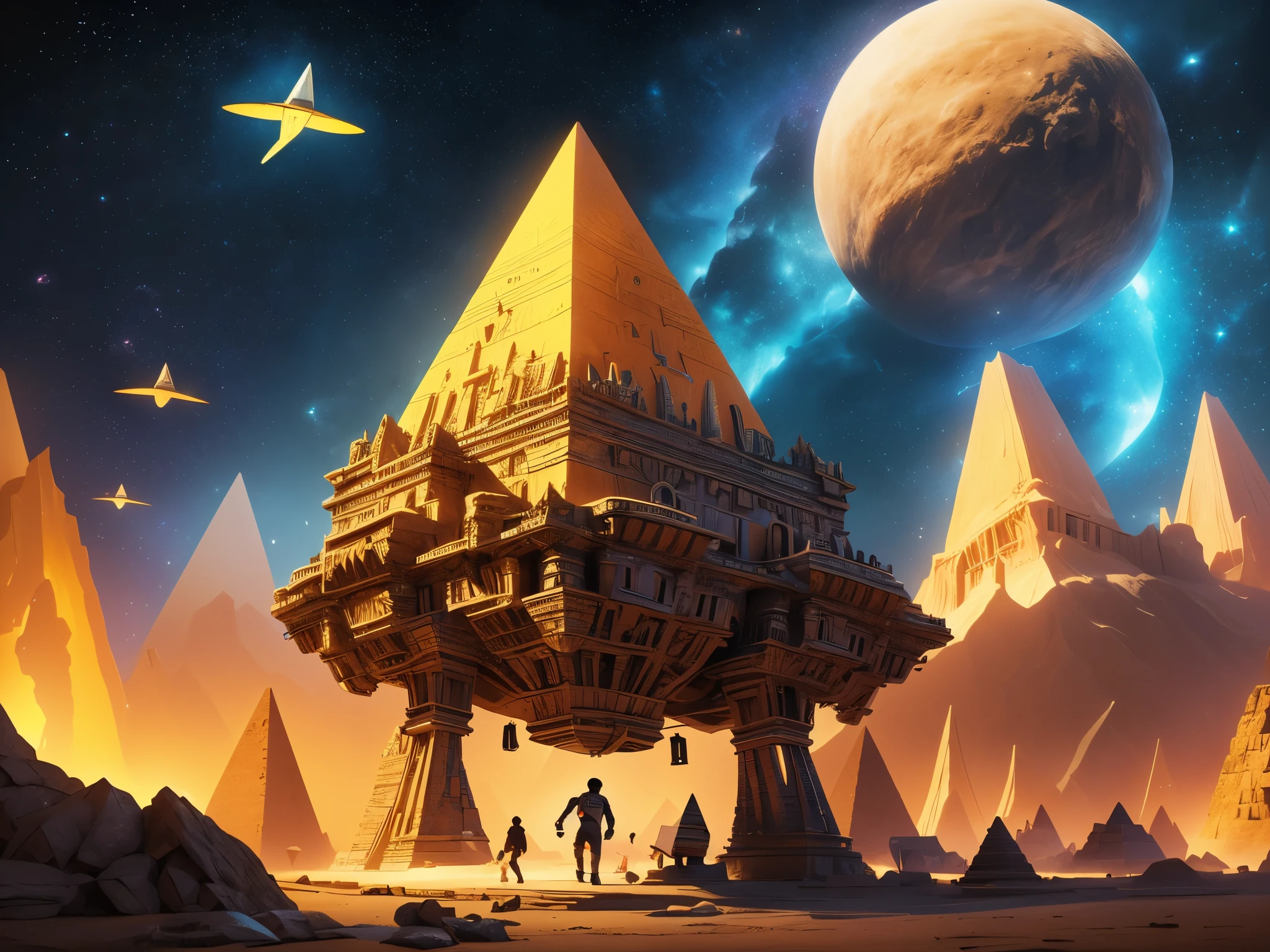 spaceship flying over a pyramid in a valley with a man walking towards it, giant aztec spaceship, ancient megastructure pyramid, ancient alien portal, ancient space ship, an intact ancient alien ship, ufo landing, alien mothership in the sky, extraterrestrial paradise, giant aztec space city, alien mothership, ancient yet futuristic, alien spaceship