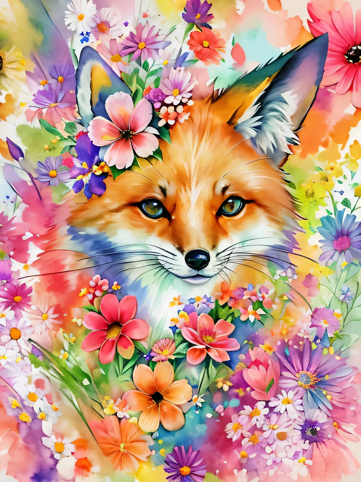 Fox Style、(((stylish fashion))), 8K Quality、Intense watercolor, Detailed watercolor art, Watercolor splash, Surreal, avant-garde pop art, Beautiful and expressive paintings, Beautiful artwork illustration, Very colorful tones, wonderful, Cool beauty, highest quality、Official Art, Vector art, Stylish design, (((The most beautiful girl))), (((highest quality))), HDR, ((detailed)), (((Doodle Art)), ((masterpiece)), ((Super detailed)), (((Colorful flowers))),(((Stylish))),