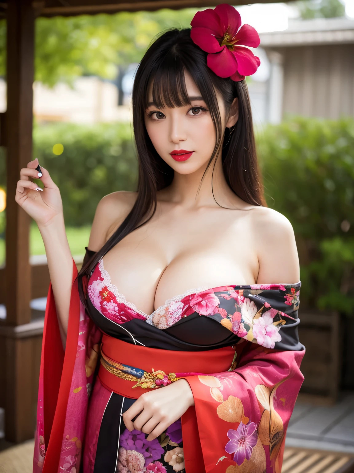 masterpiece, best quality, highres, 4k, 8k, ultra detailed, absurdres, vivid contrast, vibrant colors, full body,1girl, black hair, japanese clothes, solo, kimono, undressing, tits, tits, tits, huge tits, long hair, makeup, braless, cleavage, hair ornament, arms under breasts, no bra, red eyes, skinny, floral print, red lipstick, looking at viewer, undressing, red lips, open clothing, lipstick, black kimono, flower, fingernails, floating hair, upper body, off shoulder, eyeshadow、valley、taking off kimono, big breasts、flowers in background, cleavage cleavage cleavage, big tits, thin, tight clothing, g-cup breasts, no bra, off-shoulder kimono undressing, tits, black stockings in long legs