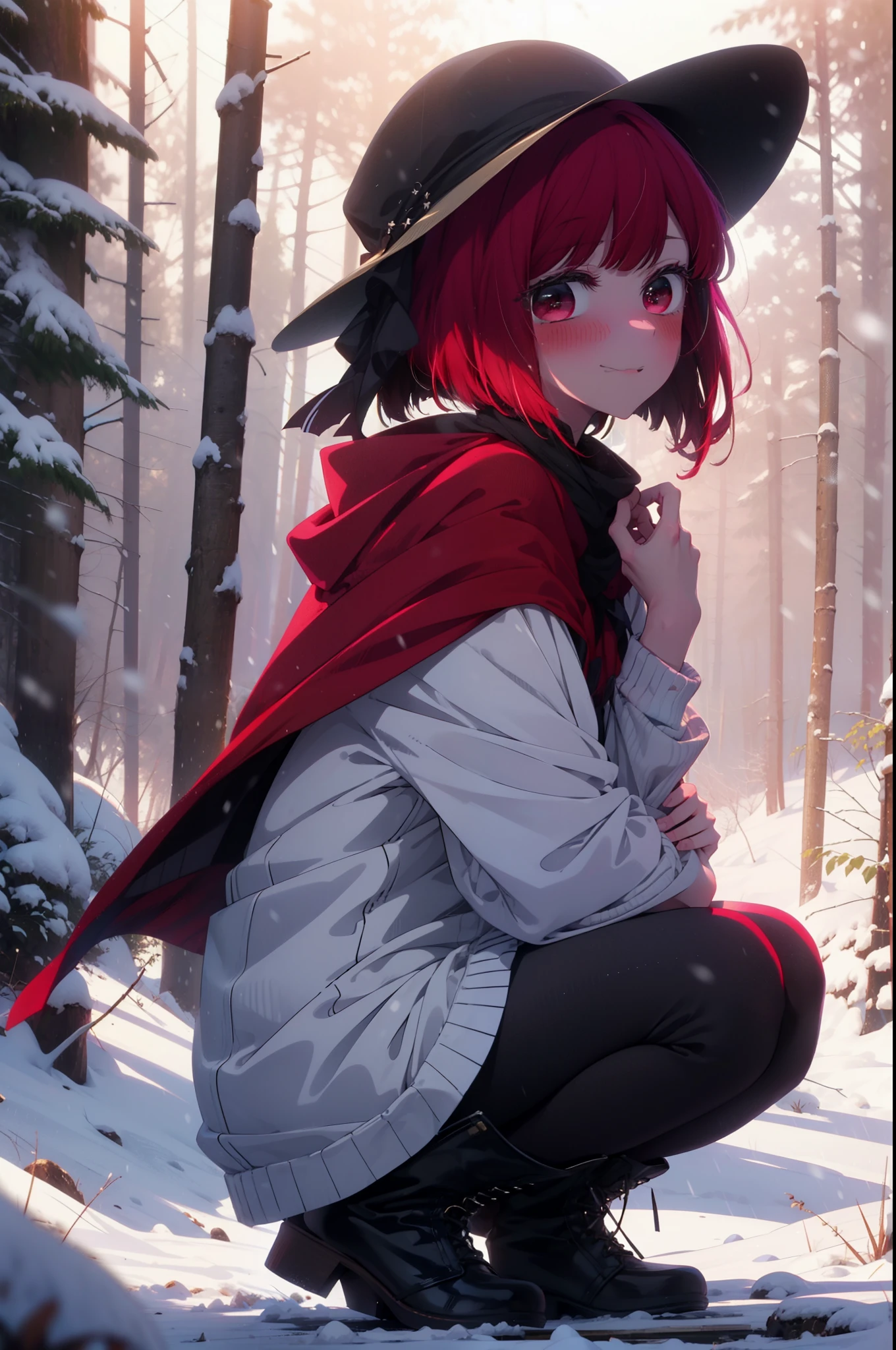 canary, Arima etc., short hair, bangs, (Red eyes:1.3), Redhead, Bobcut, smile,Small breasts,
break hat, dress, ribbon,hair band,smile,blush,White Breath,
Open your mouth,snow,Ground bonfire, Outdoor, boots, snowing, From the side, wood, suitcase, Cape, Blurred, , forest, White handbag, nature,  Squat, Mouth closed, Cape, winter, Written boundary depth, Black shoes, red Cape break looking at viewer, Upper Body, whole body, break Outdoor, forest, nature, break (masterpiece:1.2), highest quality, High resolution, unity 8k wallpaper, (shape:0.8), (Beautiful and beautiful eyes:1.6), Highly detailed face, Perfect lighting, Extremely detailed CG, (Perfect hands, Perfect Anatomy),