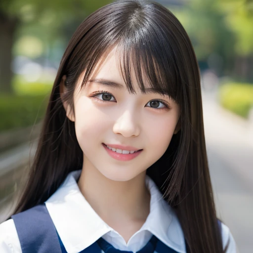 ((Cute 15 year old Japanese))、on the road、Highly detailed face、Pay attention to the details、double eyelid、Beautiful thin nose、Sharp focus:1.2、Beautiful woman:1.4、Cute Hairstyles、Pure white skin、highest quality、masterpiece、Ultra-high resolution、(Realistic:1.4)、Highly detailed and professional lighting、nice smile、Japanese school girl uniform