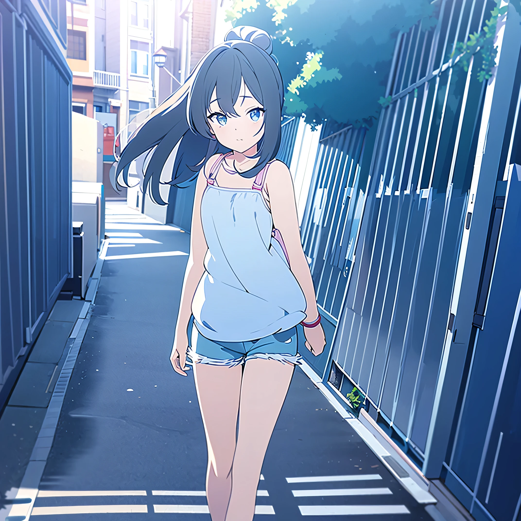 anime girl in white shirt and blue shorts walking down the street, anime moe artstyle, anime visual of a cute girl, official art, official artwork, smooth anime cg art, attractive anime girl, anime style portrait, (anime girl), anime best girl, high quality anime artstyle, anime visual of a young woman, young anime girl, an anime girl