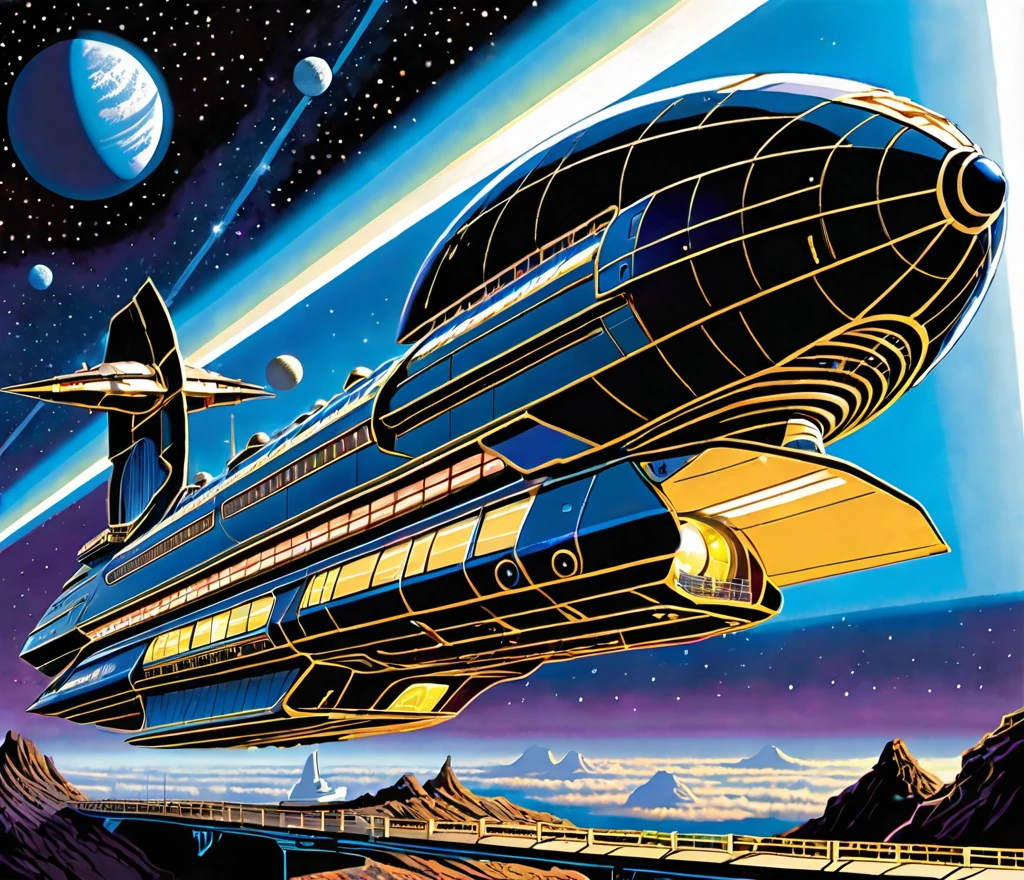 A stunningly detailed sci-fi illustration of a massive futuristic starship, in the style of Todd McFarlane, with a neon gold coloring and neon sky blue edging. The cream colored crystalline nacelles located, at the back of the ship , at a 75° angle with a 72 ft diameter emit a neon yellow light.The ship's bridge measuring 108 ft in length, 72 ft wide 36 ft high showcases an diamond shaped G'Quan Heavy Battle Cruiser (from Babylon 5)design. The middle section, resembling a cylindrical 1974 Winnebago, stretches 72' high, 288 ft long, and 144 ft wide, angled at 75° down from the main bridge. The base section is 90° down from the mid section It resembles a streamlined Freightliner. It measures a whopping 576' long, 864ft wide, & 288ft high The starship is set against a captivating Titan-Earth-esque planet with six enchanting moons, surrounded by satellites and other ships traversing the cosmos.
