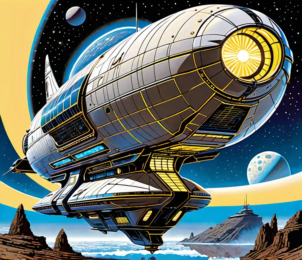A stunningly detailed sci-fi illustration of a massive futuristic starship, in the style of Todd McFarlane, with a neon gold coloring and neon sky blue edging. The cream colored crystalline nacelles located, at the back of the ship , at a 75° angle with a 72 ft diameter emit a neon yellow light.The ship's bridge measuring 108 ft in length, 72 ft wide 36 ft high showcases an diamond shaped G'Quan Heavy Battle Cruiser (from Babylon 5)design. The middle section, resembling a cylindrical 1974 Winnebago, stretches 72' high, 288 ft long, and 144 ft wide, angled at 75° down from the main bridge. The base section is 90° down from the mid section It resembles a streamlined Freightliner. It measures a whopping 576' long, 864ft wide, & 288ft high The starship is set against a captivating Titan-Earth-esque planet with six enchanting moons, surrounded by satellites and other ships traversing the cosmos.