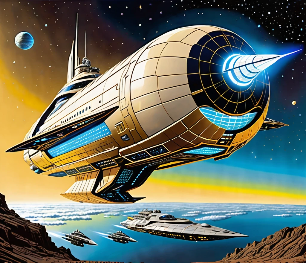 A stunningly detailed sci-fi illustration of a massive futuristic starship, in the style of Todd McFarlane, with a neon gold coloring and neon sky blue edging. The cream colored crystalline nacelles located, at the back of the ship , at a 75° angle with a 72 ft diameter emit a neon yellow light.The ship's bridge measuring 108 ft in length, 72 ft wide 36 ft high showcases an diamond shaped G'Quan Heavy Battle Cruiser (from Babylon 5)design. The middle section, resembling a cylindrical 1974 Winnebago, stretches 72' high, 288 ft long, and 144 ft wide, angled at 75° down from the main bridge. The base section is 90° down from the mid section It resembles a streamlined Freightliner. It measures a whopping 576' long, 864ft wide, & 288ft high The starship is set against a captivating Titan-Earth-esque planet with six enchanting moons, surrounded by satellites and other ships traversing the cosmos.