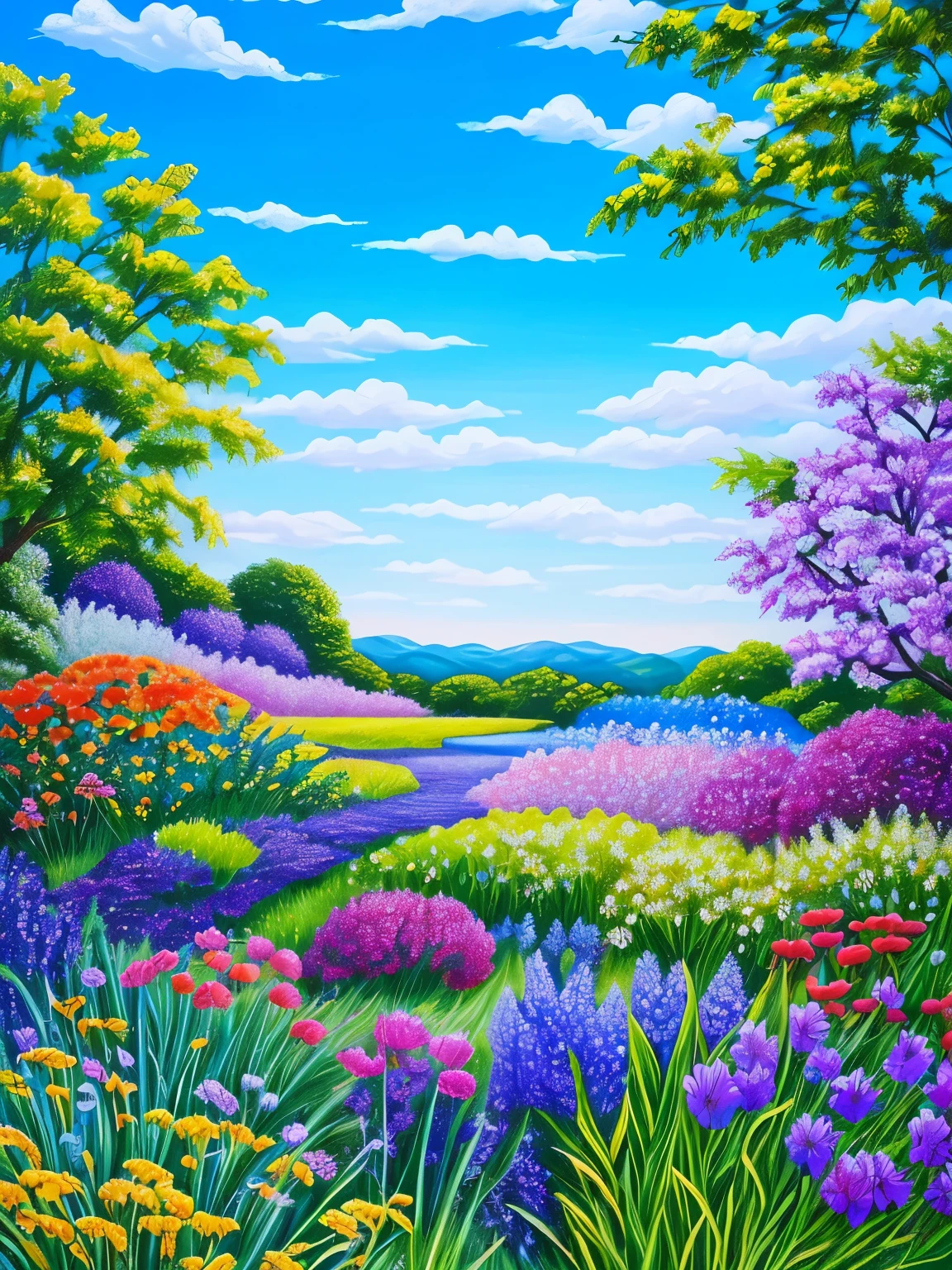 painting of a painting of a field of flowers with a sky background, a detailed painting inspired by Pamela Ascherson, trending on cg society, metaphysical painting, blue and purple plants, vines and blue foliage, forest with flowers blue, blue forest, blue and violet, plants growing on it. gouache, lush garden leaves and flowers, detailed acrylic painting, blue and purple