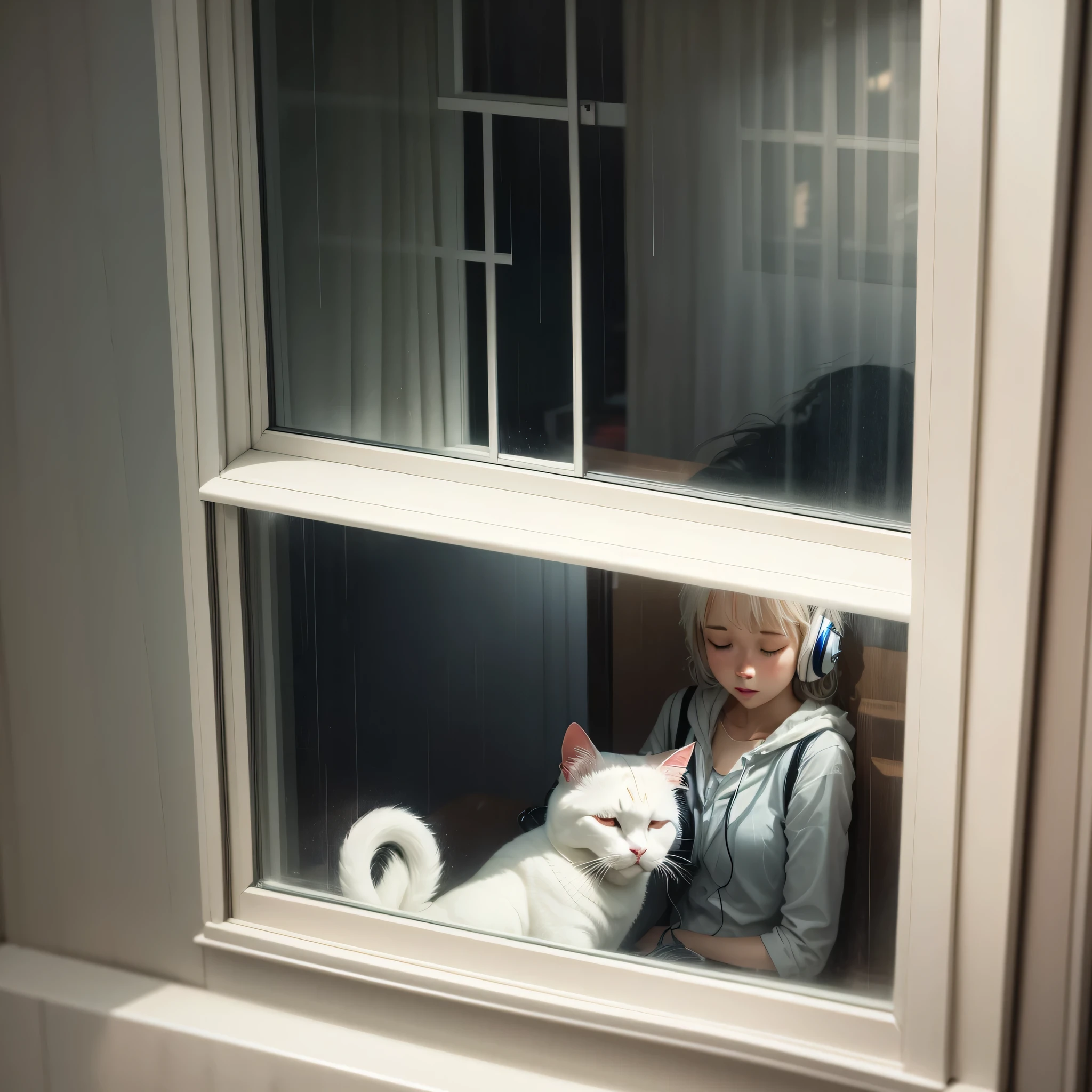 It was raining. There was a woman sitting at the window. She was wearing headphones listening to music. Looking outside the window. Next to her  a white cat sleeping .