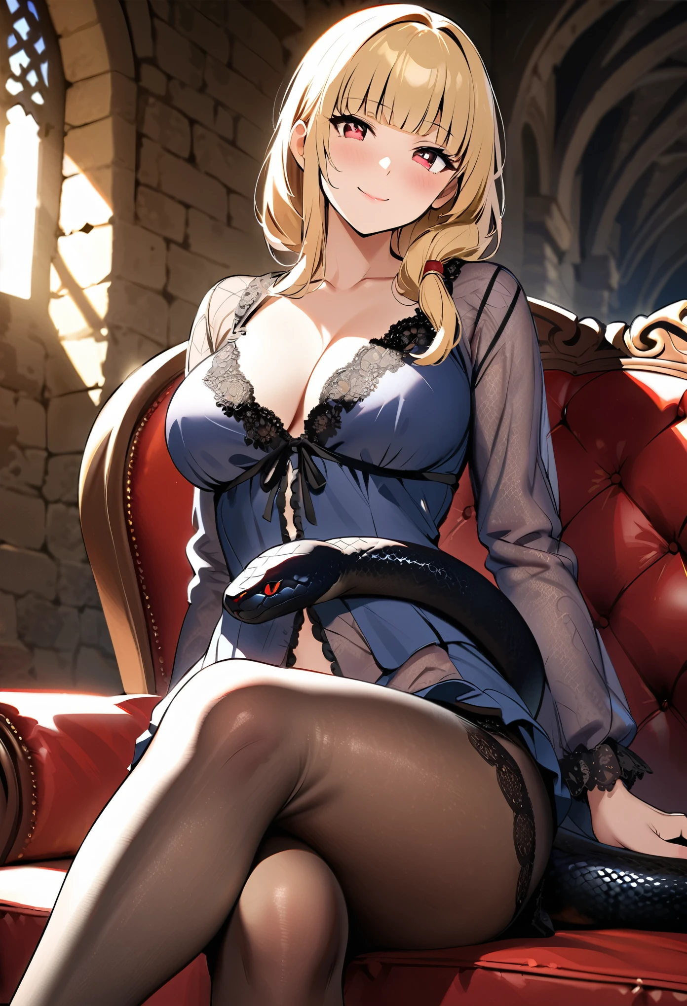(Masterpiece of the best quality:1.2)，Top image quality，Top animation quality，Soft light filter，solo，low angle，(Medieval Europe:1.2)，A woman，blond，extremely detailed neat hair，neat bangs，Beautiful red pupils，Smile，(Wearing lace pajamas and pantyhose:1.08)，Sitting on the sofa，(A black snake coiled around her body:1.2)，Black python，python near her，[sexy feeling]