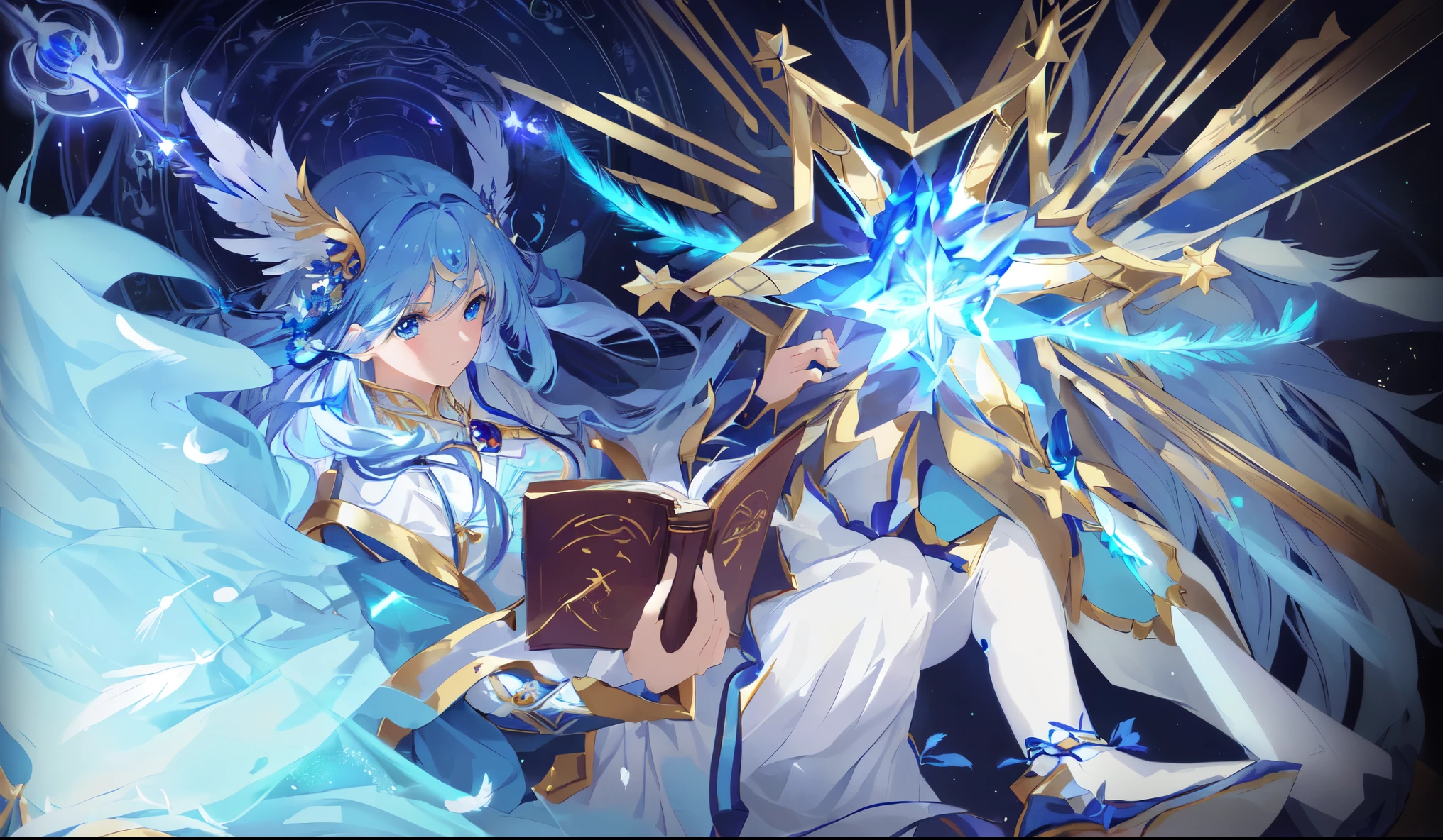 Highest quality,Anime Goddess,Blue-eyed woman holding a book,Feather accessories on the head,She has angel wings,Anime style image of a woman with blue hair and a staff, Beautiful Celestial Mage, Infinite Celestial Library, Astral ethereal, Casimir Art, Detailed key animation art, Major Arcana Mason Shines in the Sky, Concept Art Magic Highlights