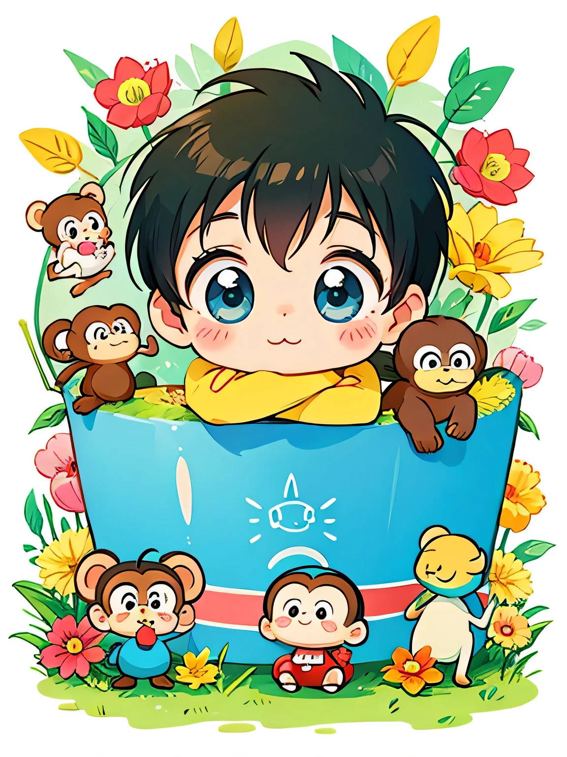 Theodor Seuss Geisel style, Kawaii Design, chibi, cute monkey